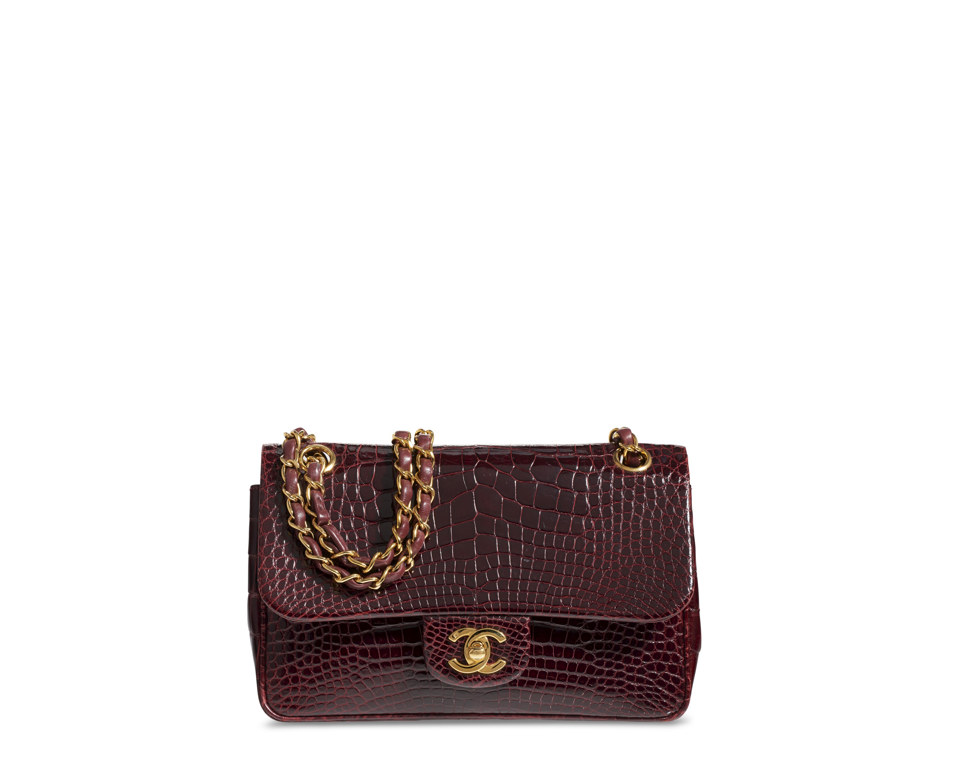 A SHINY BURGUNDY CROCODILE SMALL DOUBLE FLAP BAG WITH GOLD