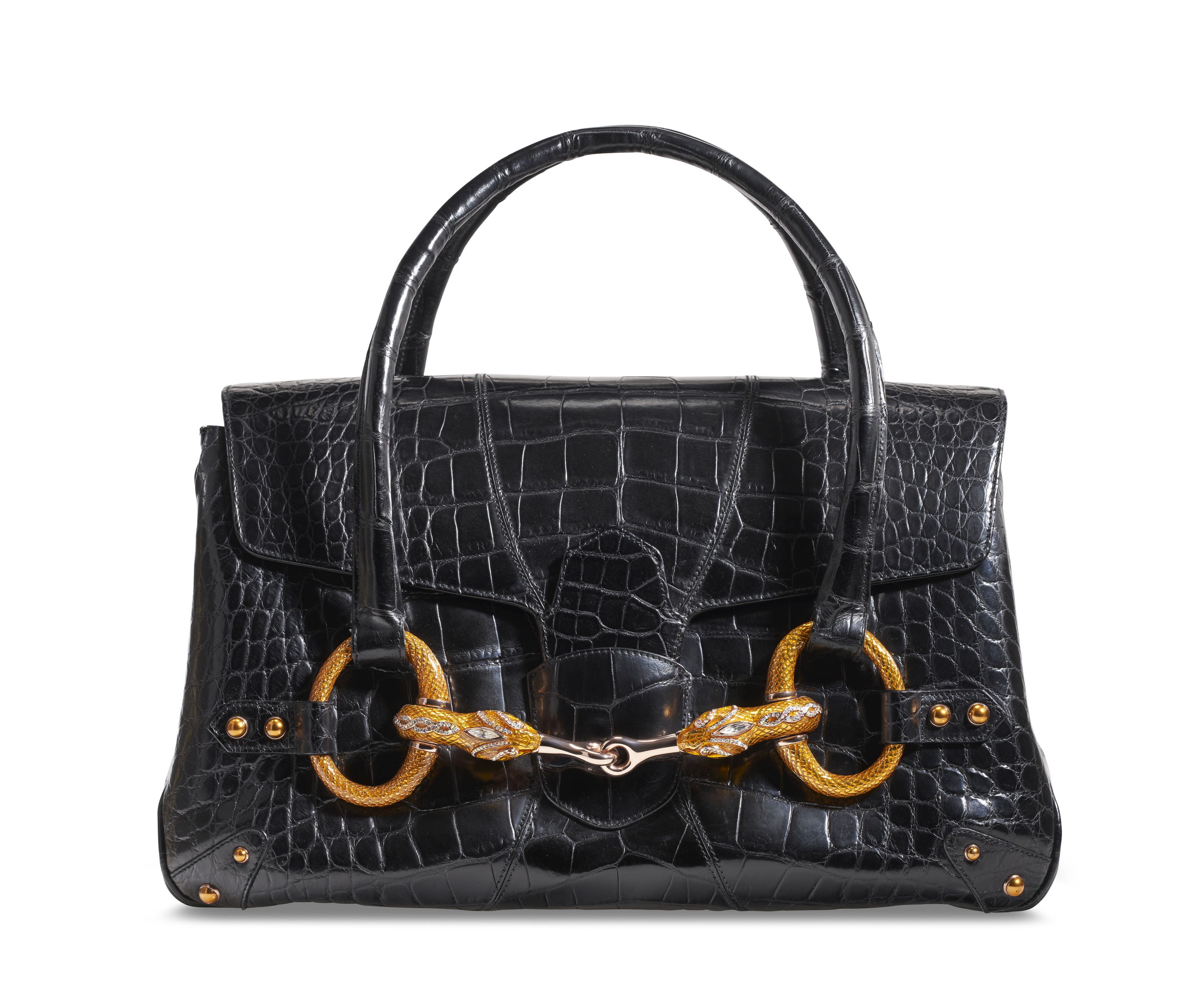 A RARE, MATTE BLACK ALLIGATOR CROCODILE SERPENT HORSEBIT BAG BY