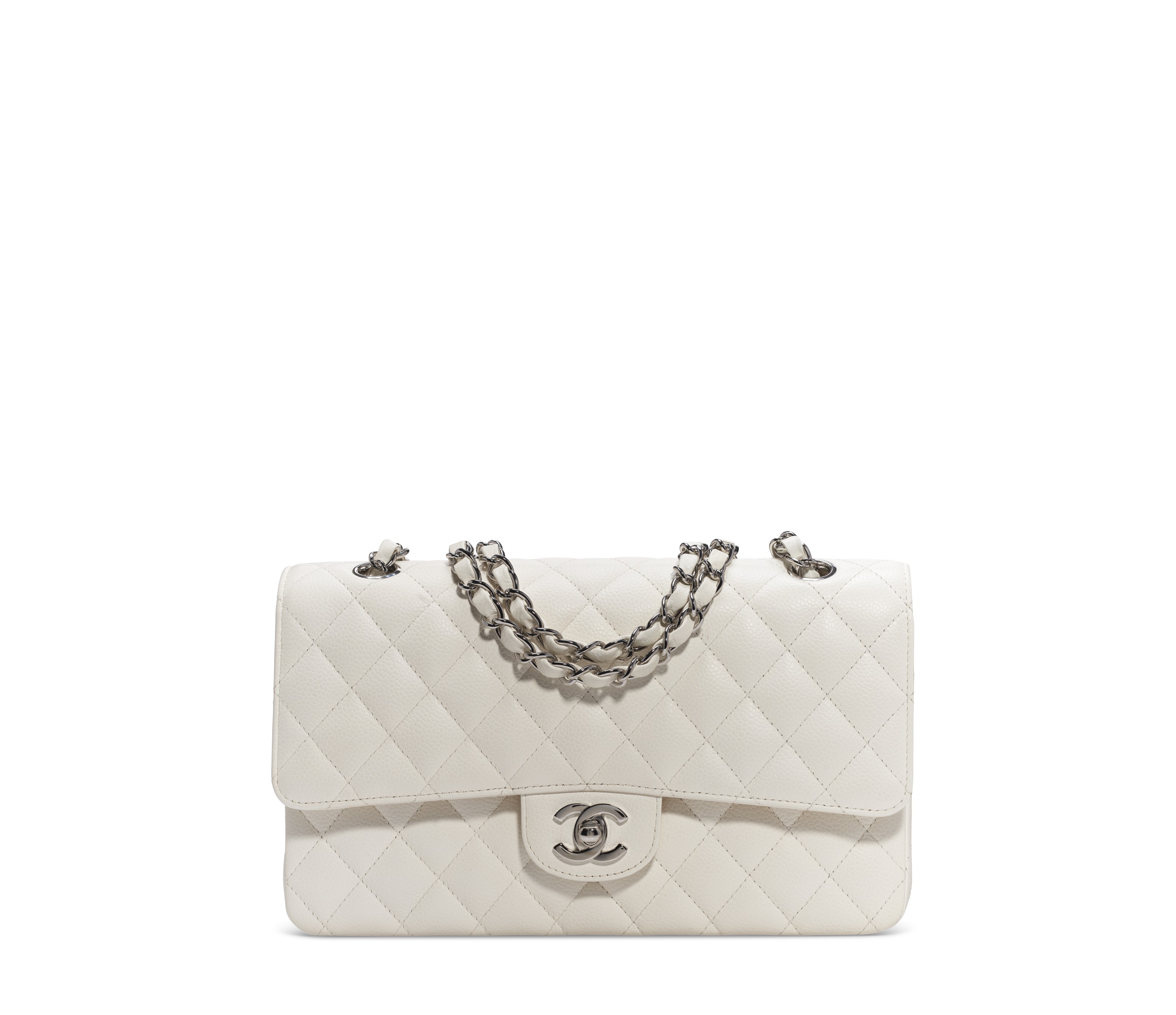 A WHITE CAVIAR LEATHER MEDIUM DOUBLE FLAP BAG WITH SILVER HARDWARE, CHANEL,  2005-2006