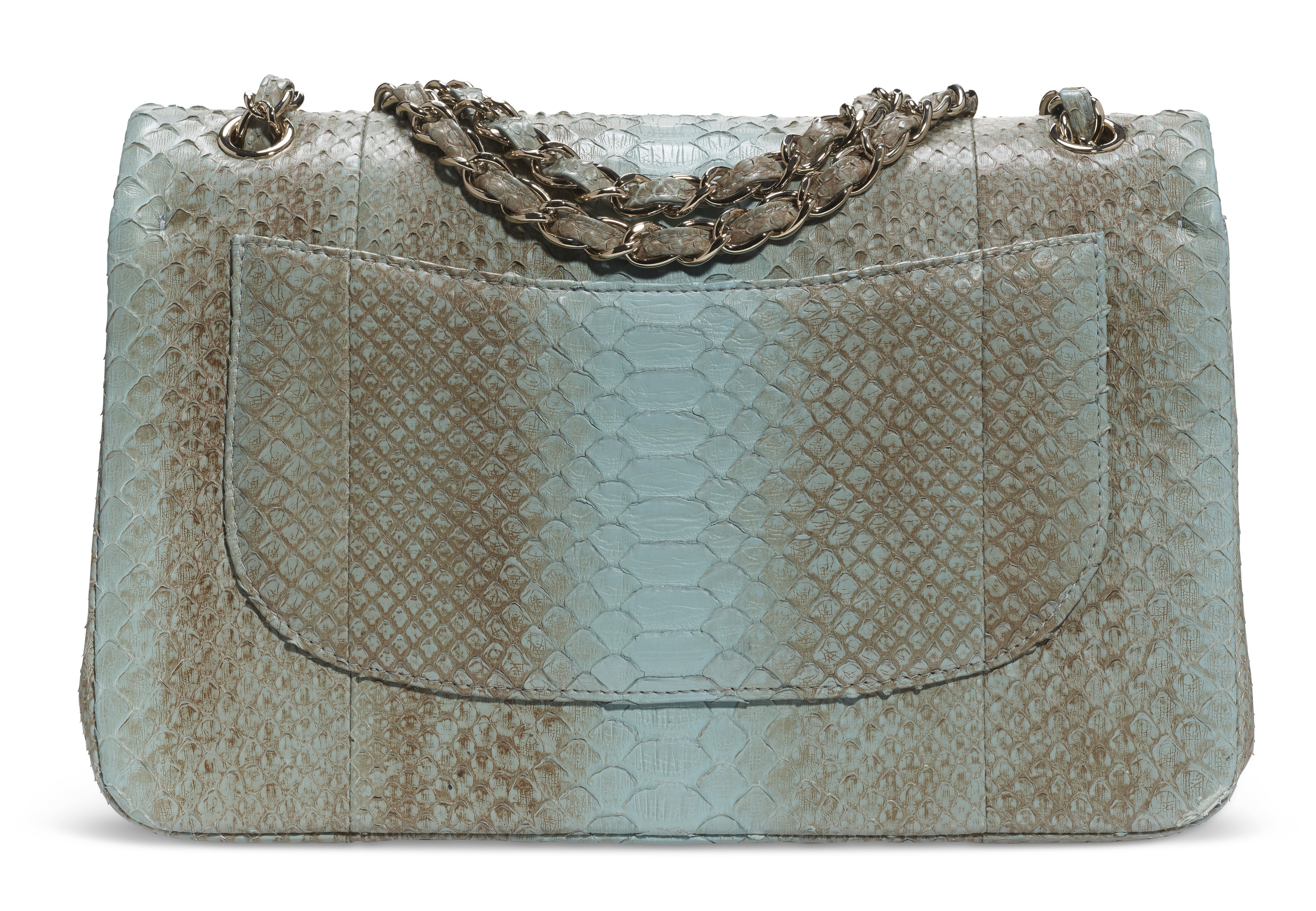 A BLUE OMBRE PYTHON JUMBO DOUBLE FLAP BAG WITH PERMABRASS HARDWARE CHANEL 2012 2013 Christie s