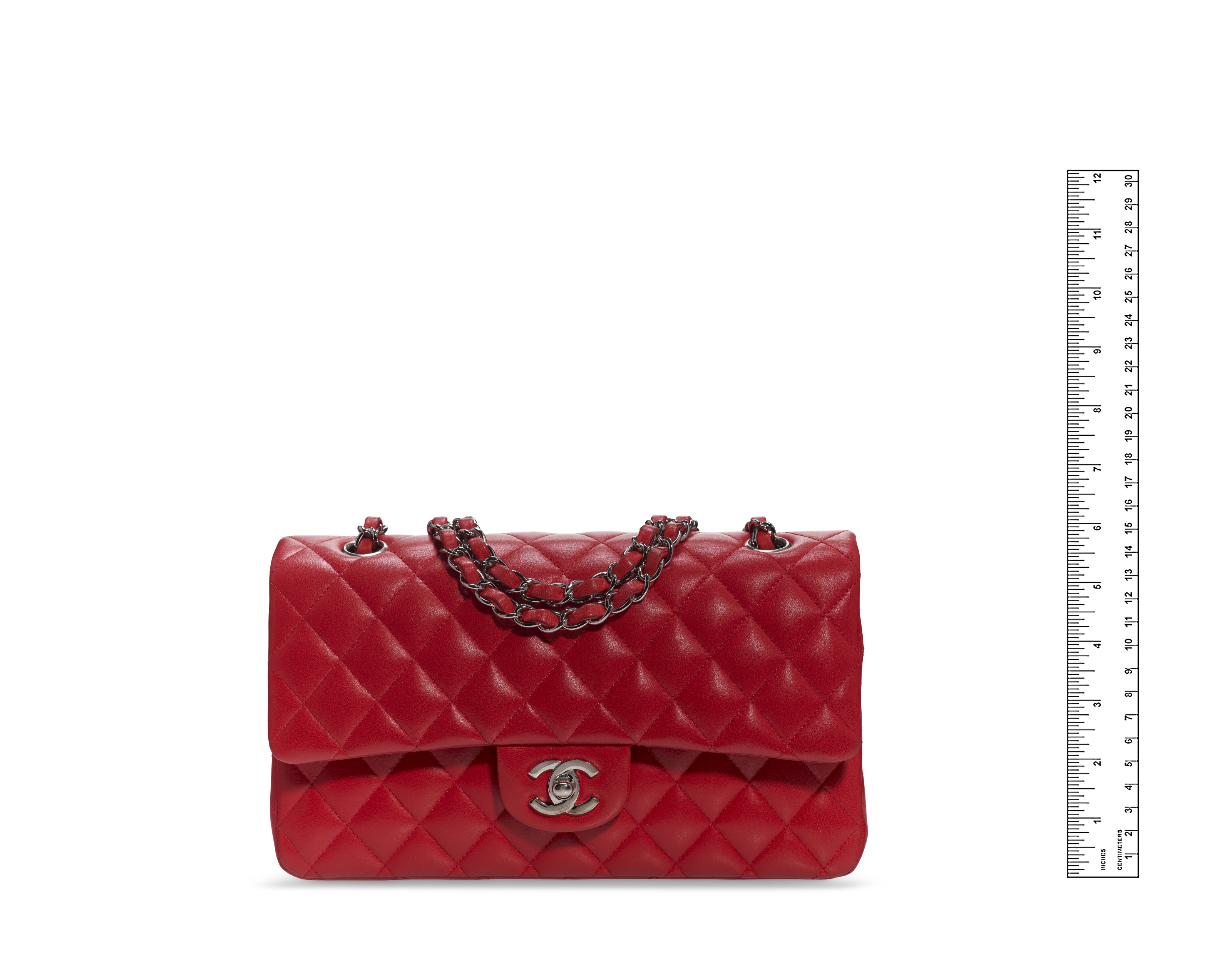 A RED LAMBSKIN LEATHER MEDIUM DOUBLE FLAP BAG WITH SILVER HARDWARE