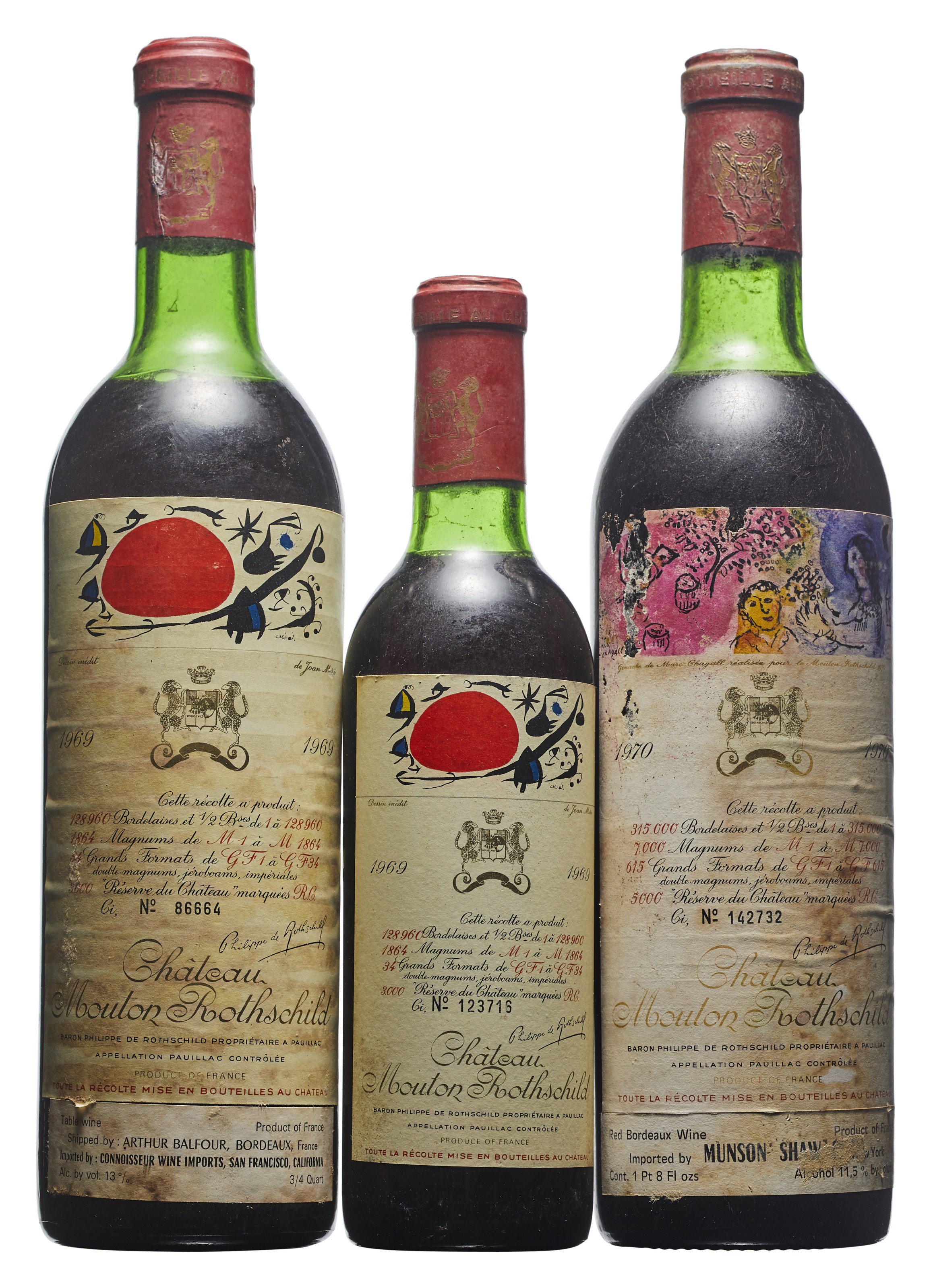 Mixed Château Mouton-Rothschild, Château Mouton-Rothschild 1969Corroded capsules, bin-soiled ...