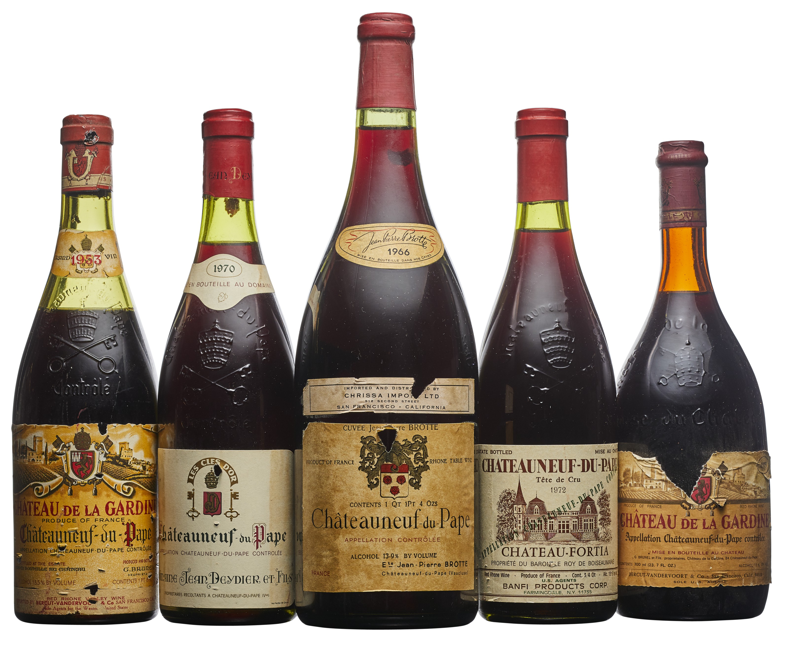Mixed Chateauneuf Du Pape Brunel Chateauneuf Du Pape Chateau De La Gardine1953corroded And Damaged Capsule Bin Soiled And Damaged Labellevel 7cm 1 1969marked Capsules Slightly Bin Soiled And Damaged Labelslevels One 2cm And Two 3cm