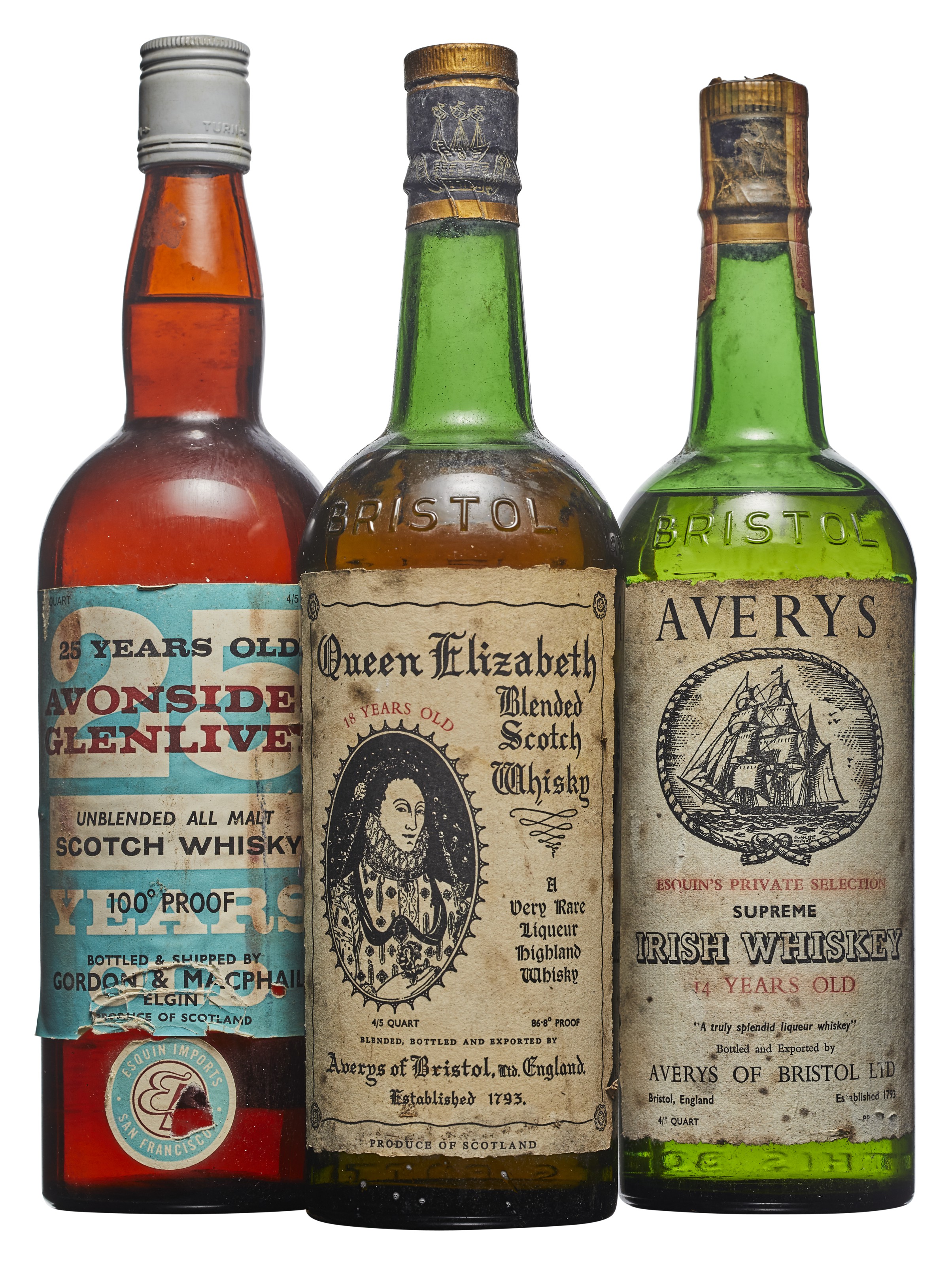 Mixed Whiskies Avery S Supreme Irish Whiskey 14 Year Oldbelieved To Be Distilled 1940s 1950s Bin Soiled Labellevel Mid Upper Shoulder 1 Avery S Queen Elizabeth Blended Scotch Whisky 18 Year Oldstained Capsule Bin Soiled Labellevel Upper Shoulder