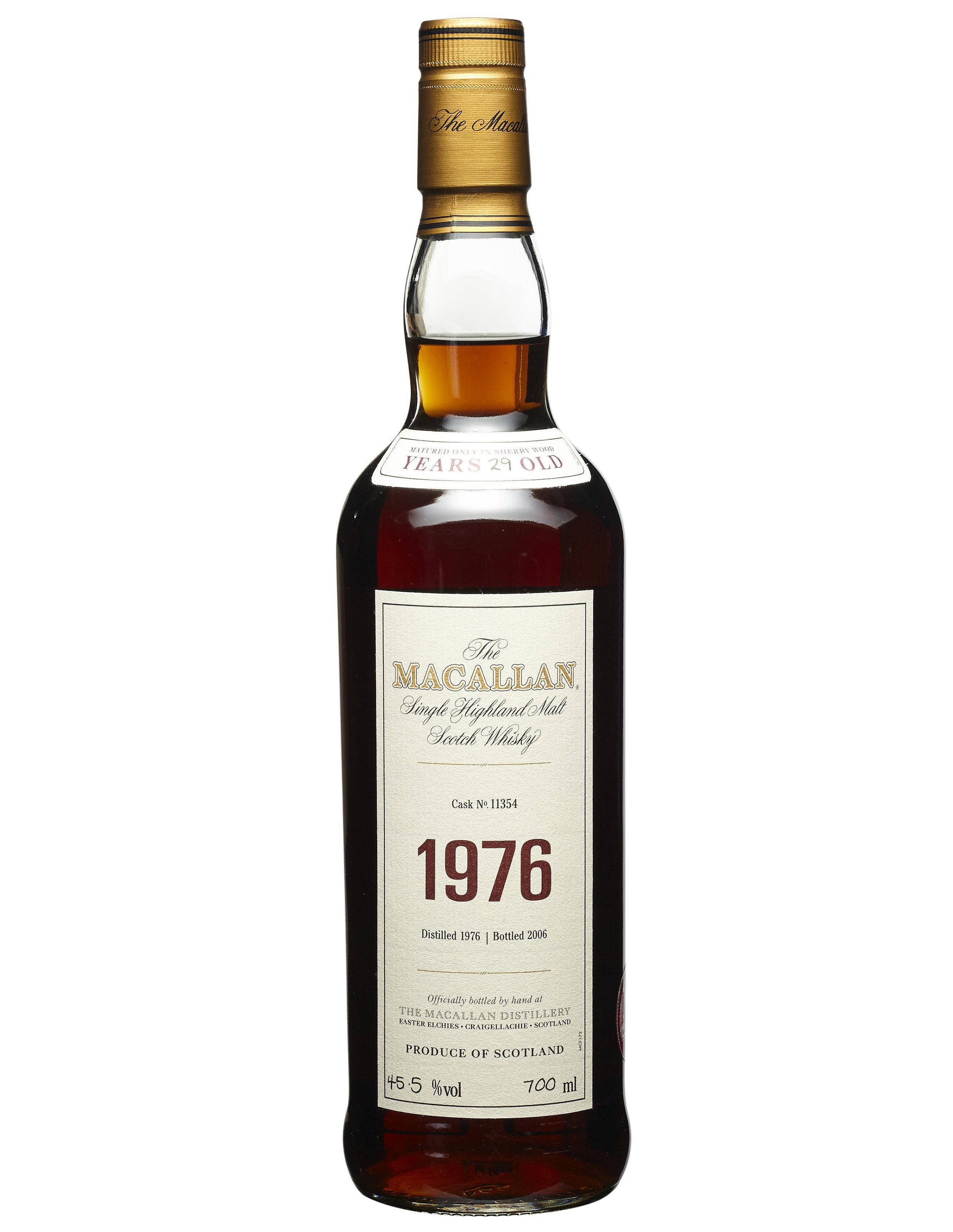 Macallan, 29 Year Old 1976, Speyside. Distilled 1976, bottled 2006, cask no. 11354. In original wooden case. Estimate: $12,000-17,000. Offered in Wine & Spirits, 17 September to 1 October 2020, Online