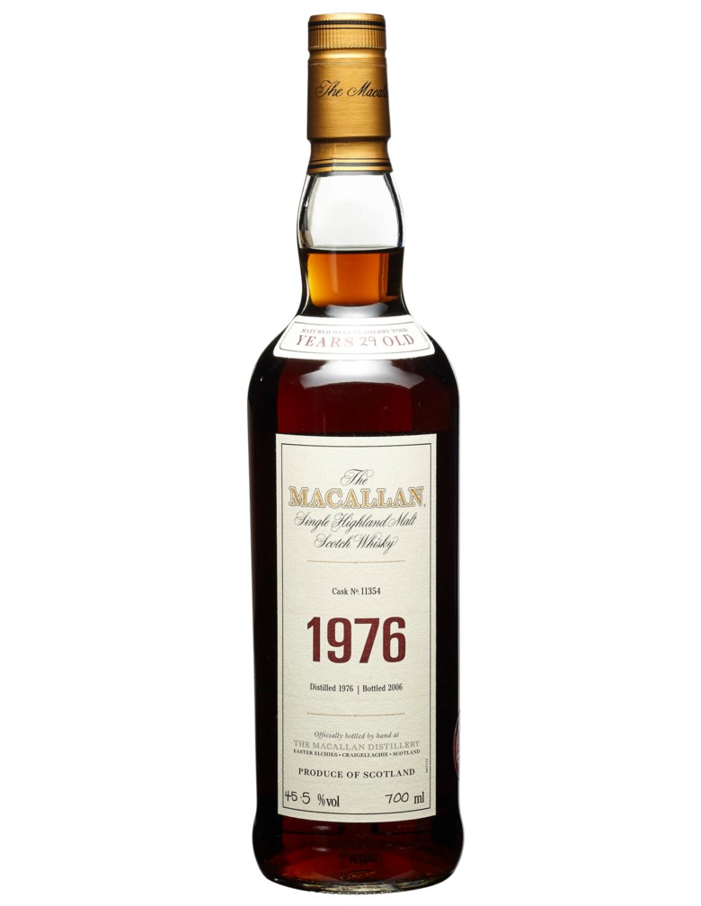 Macallan, 29 Year Old 1976, Speyside. Distilled 1976, bottled 2006, cask no. 11354. In original wooden case. Estimate $12,000-17,000. Offered in Wine & Spirits, 17 September to 1 October 2020, Online