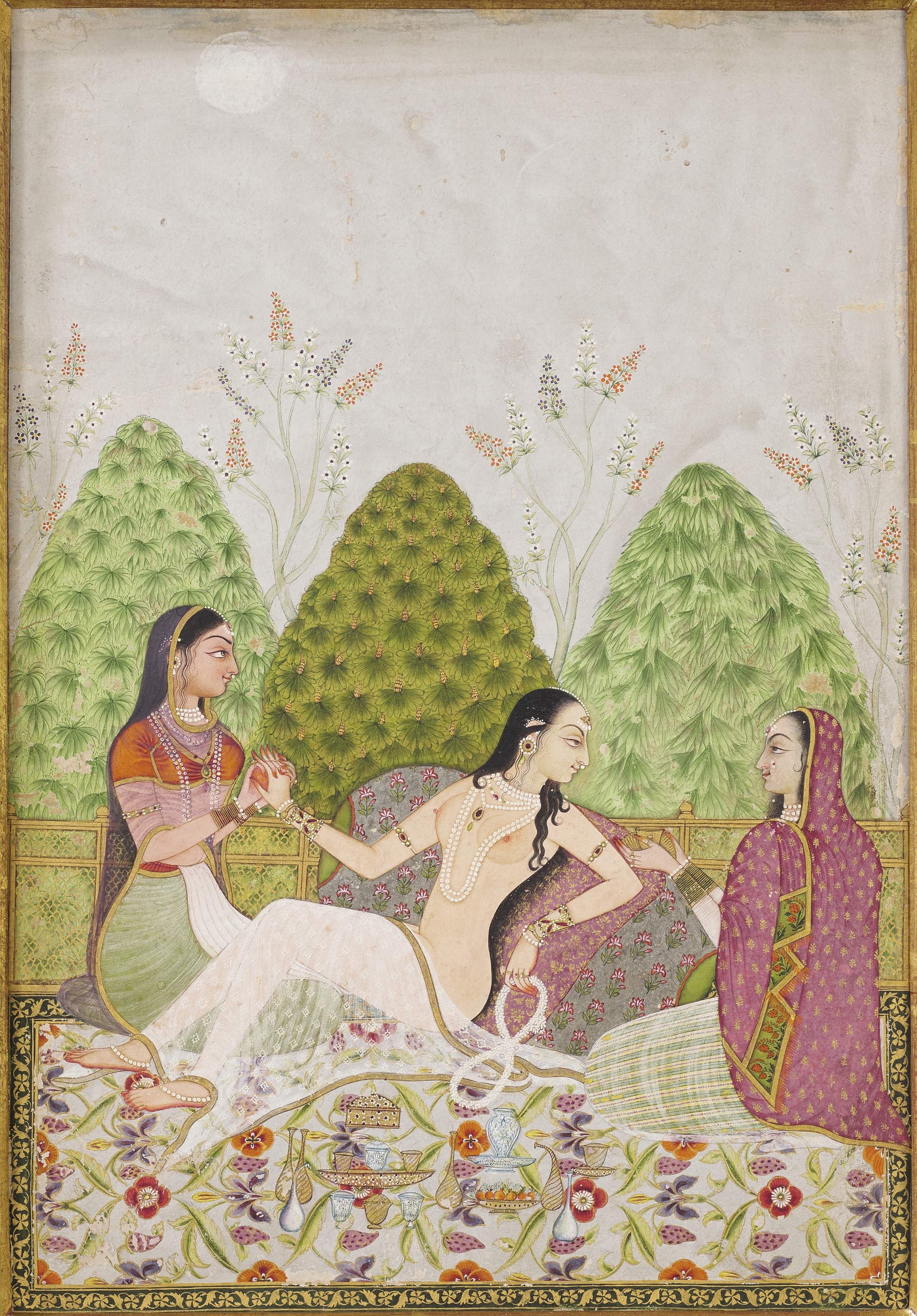 A Painting Of A Lady On A Terrace With Attendants India Mughal