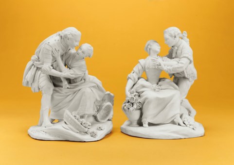 A Pair Of Sevres Biscuit Figure Groups La Fete Au Chateau Or La Fidelite Modele And La Fee Urgele Or Ce Qui Plait Aux Dames
