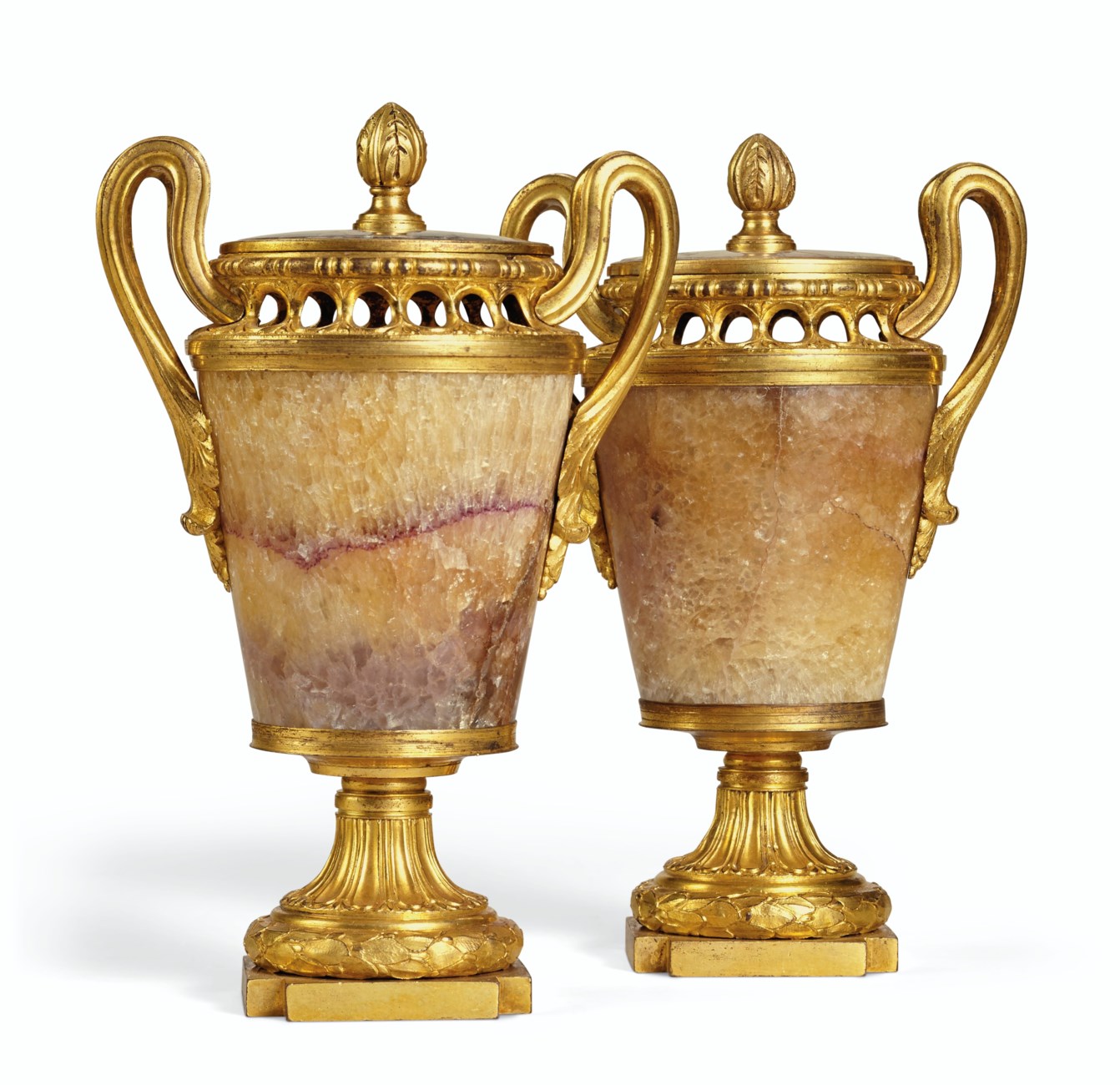 A PAIR OF LATE LOUIS XV ORMOLU AND BLUE JOHN POT POURRI VASES AND COVERS