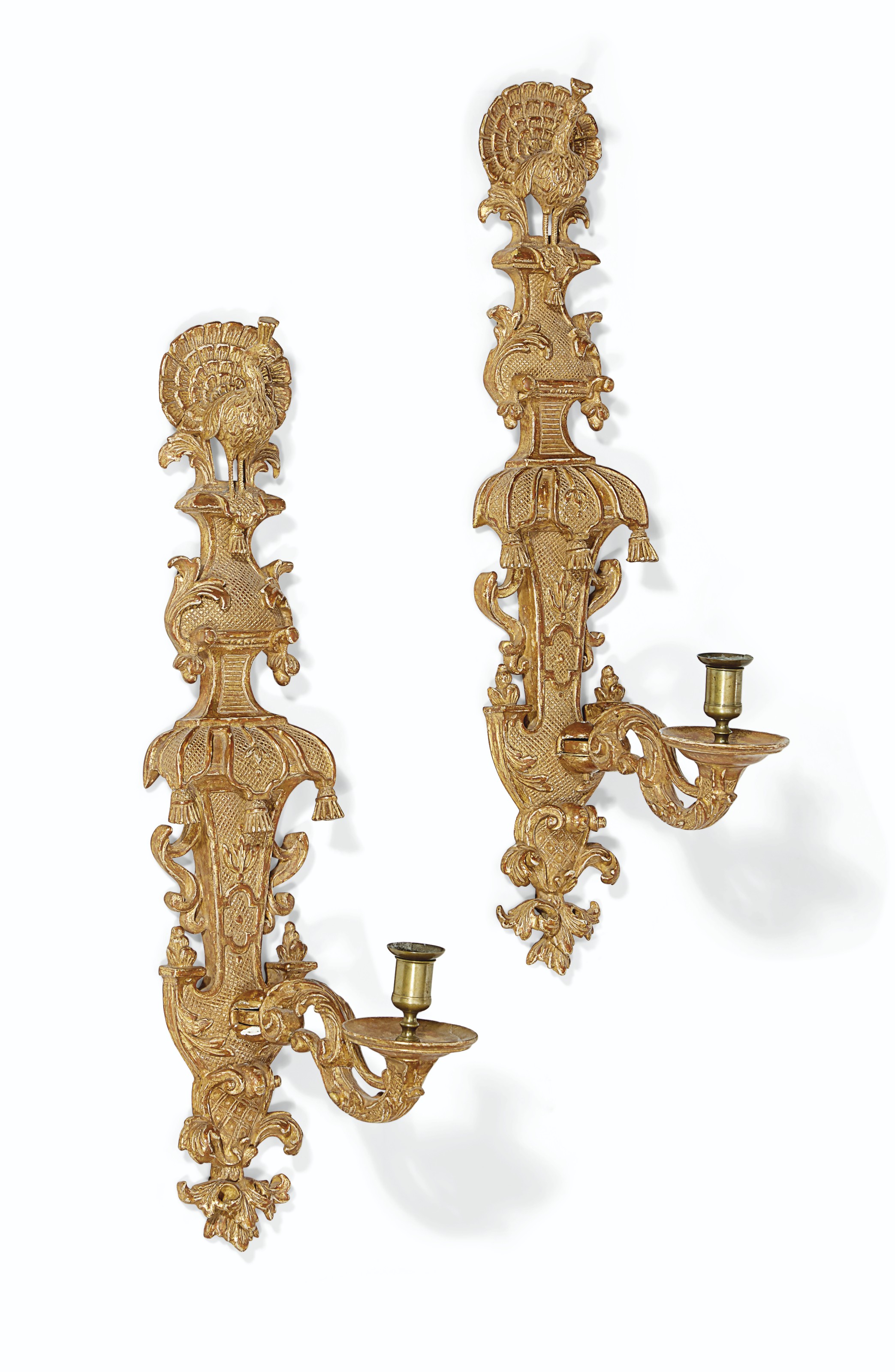 A PAIR OF QUEEN ANNE GILTWOOD SINGLEBRANCH WALLLIGHTS