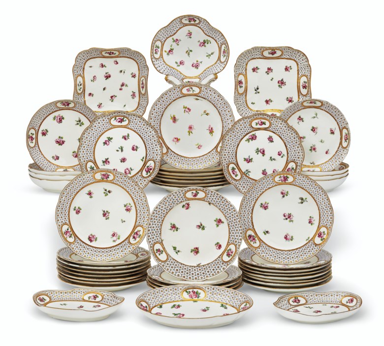 A Sèvres porcelain part dessert service, circa 1769-75. Most pieces with blue interlaced L’S marks enclosing date letters Q and R for 1769 and 1770, various painter’s and incised marks. 10¾ in long, the oval dish larger. Estimate $40,000- 60,000. Offered in The Private Collection of Jayne Wrightsman on 14 October at Christie’s New York