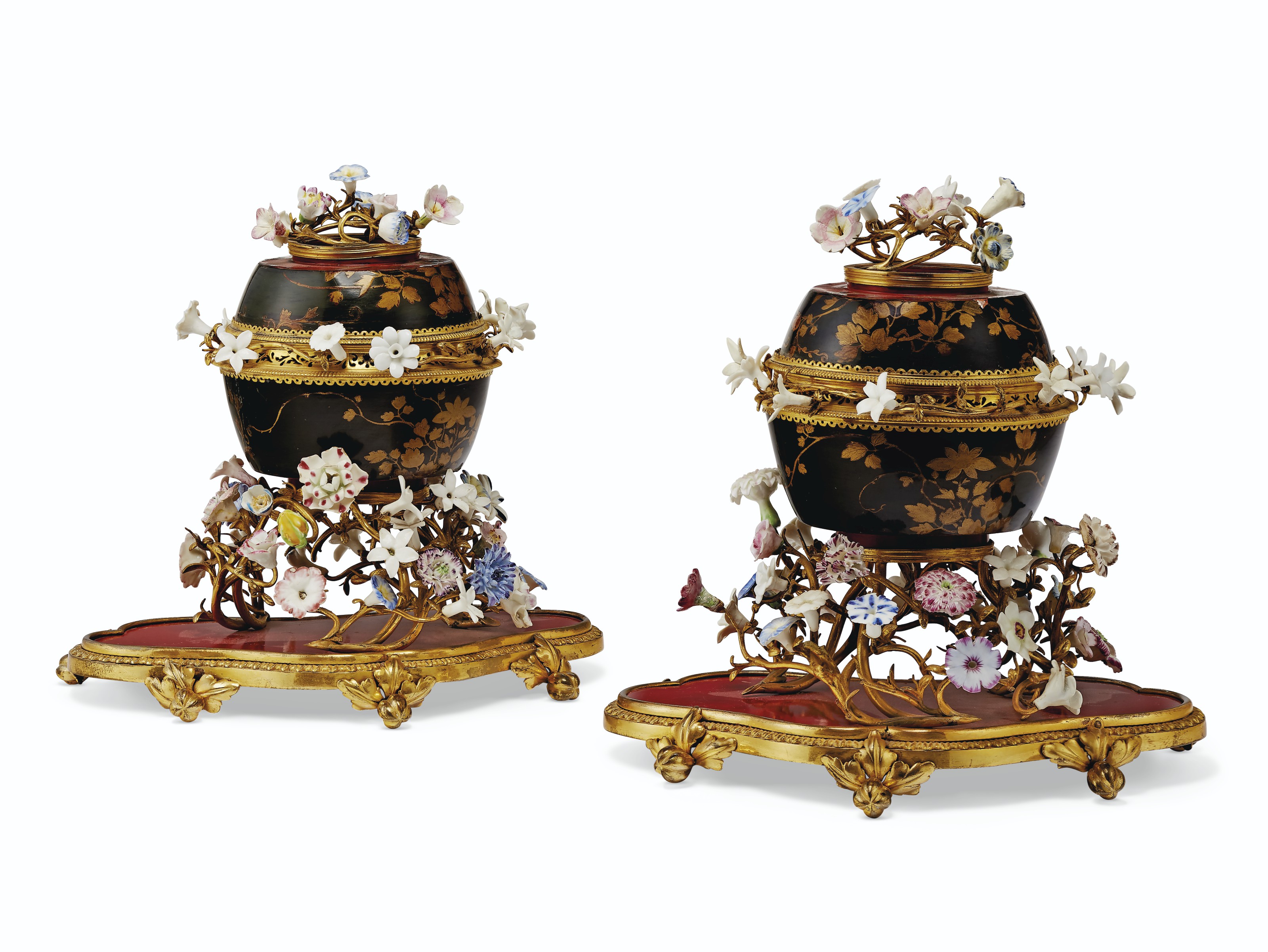 A Pair of French Ormolu Mounted Red & Gilt Japanned Side Tables
