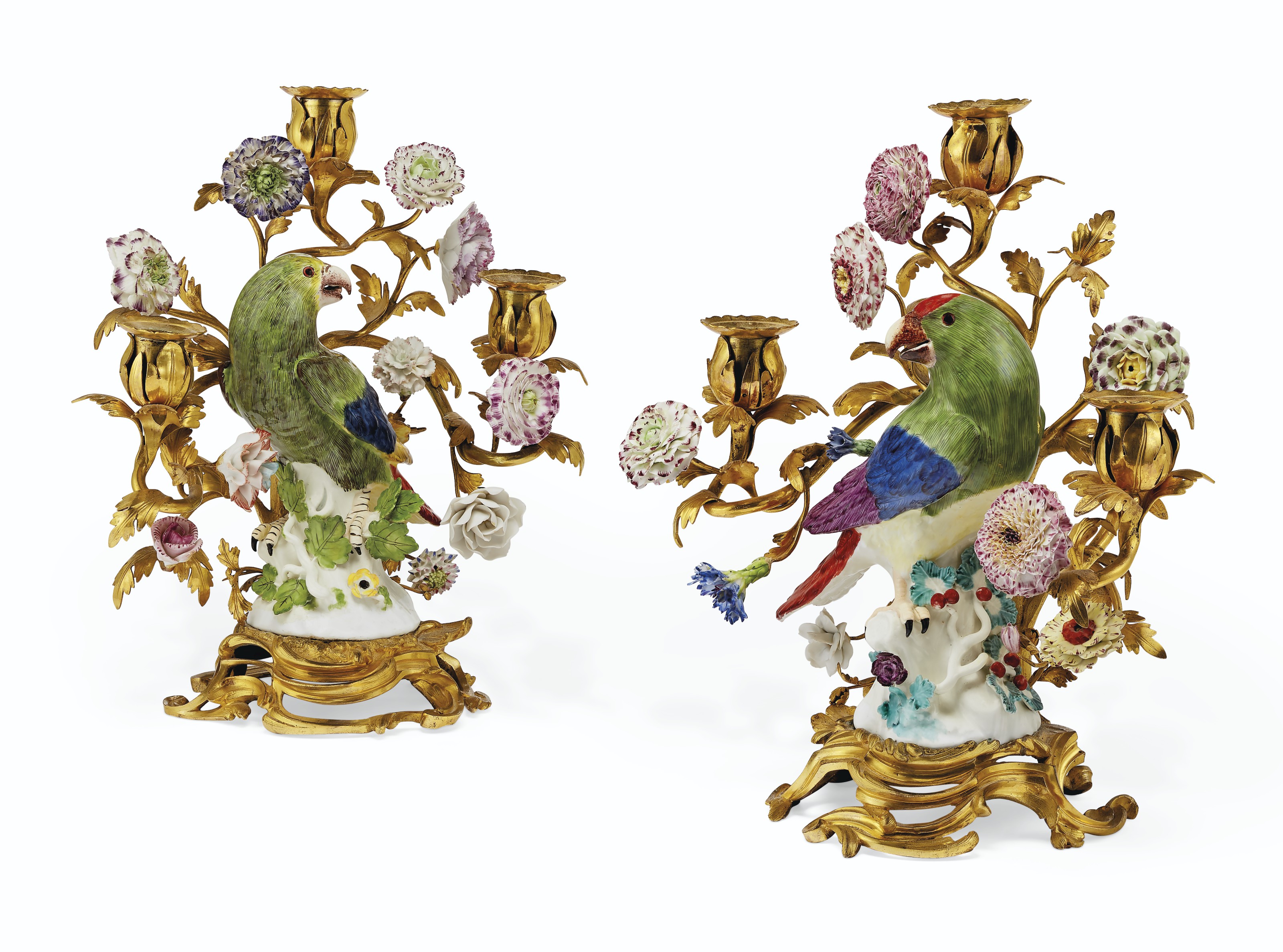 A PAIR OF LOUIS XV ORMOLU-MOUNTED MEISSEN PORCELAIN THREE-LIGHT