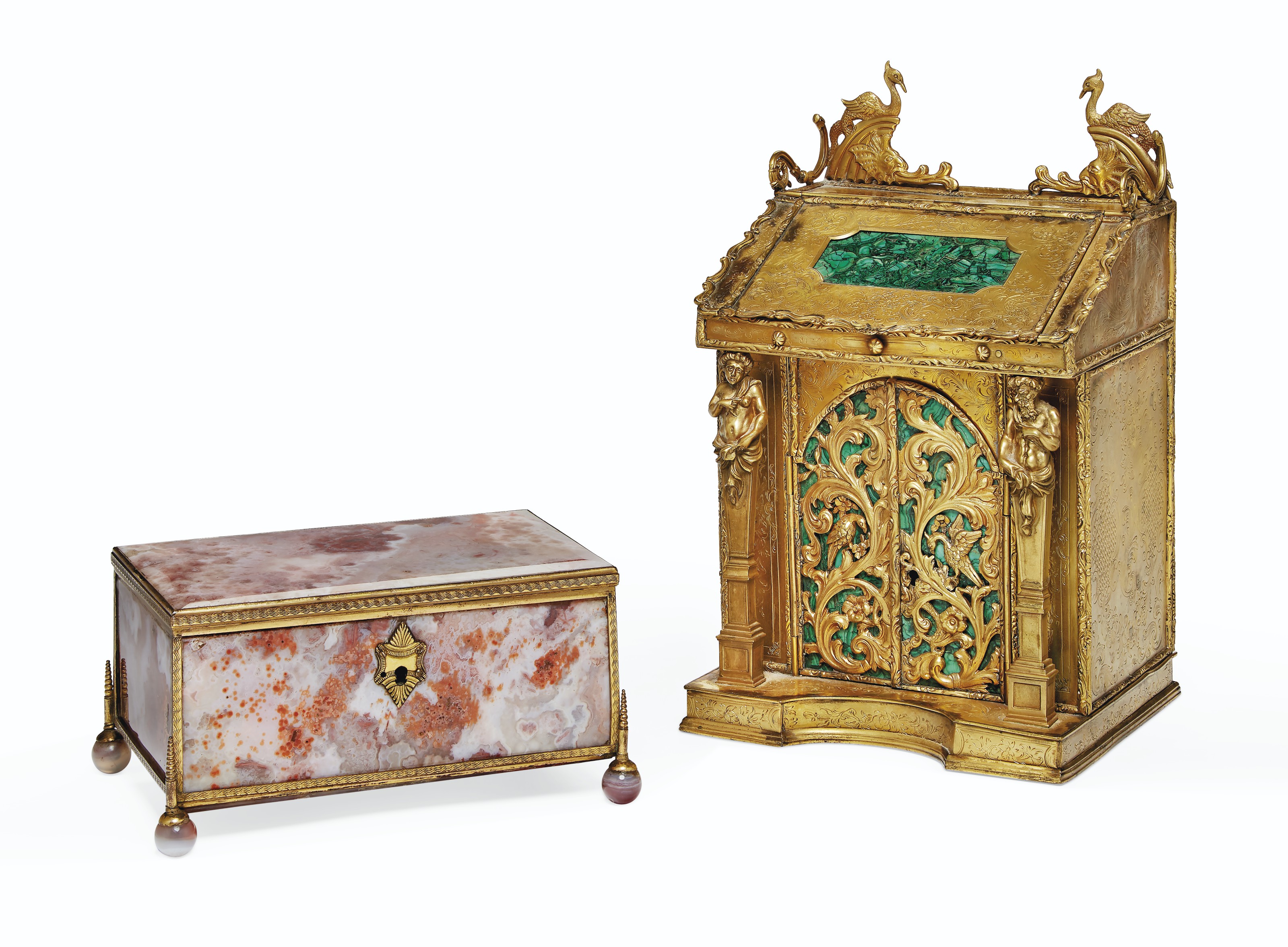 TWO GILT-METAL AND HARDSTONE TABLE BOXES, ONE POSSIBLY NORTHERN ...