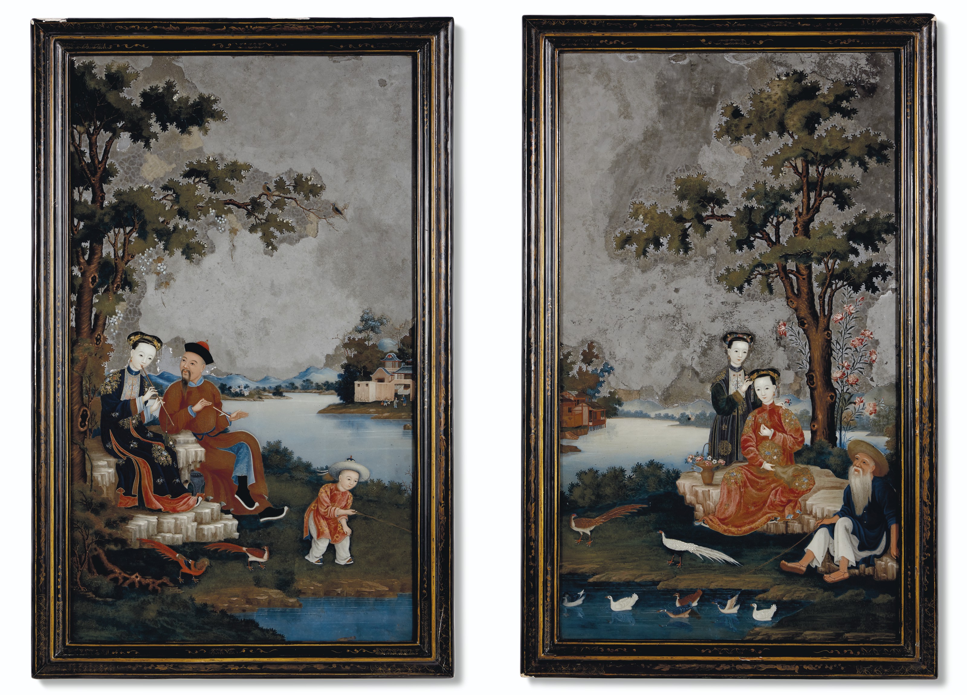 A PAIR OF CHINESE EXPORT REVERSE MIRROR PAINTINGS, QING DYNASTY