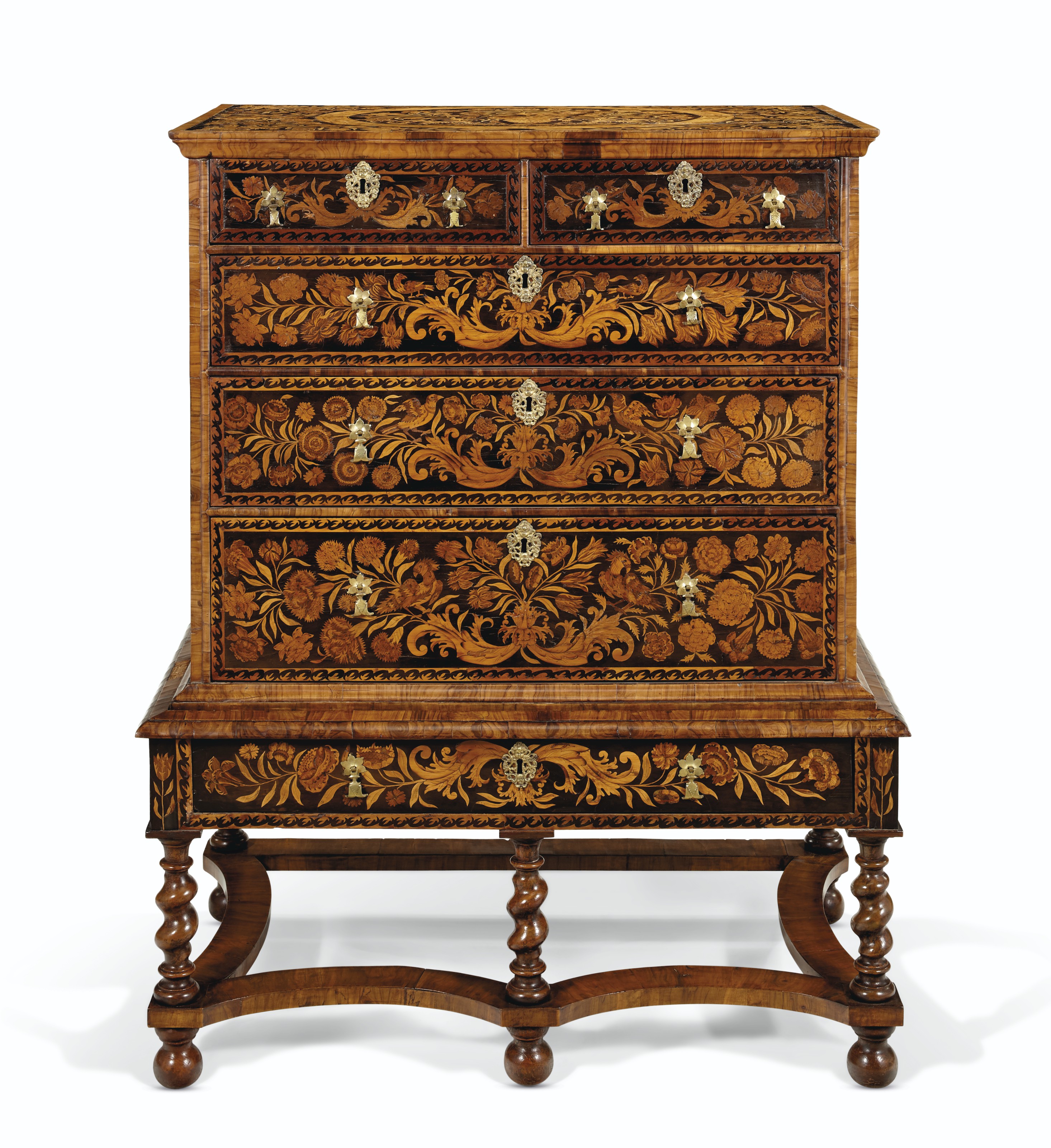 A WILLIAM AND MARY WALNUT, OYSTER VENEERED AND FLORAL MARQUETRY INLAID  CHEST ON STAND, CIRCA 1695 | Christie's, image size:2931x3200