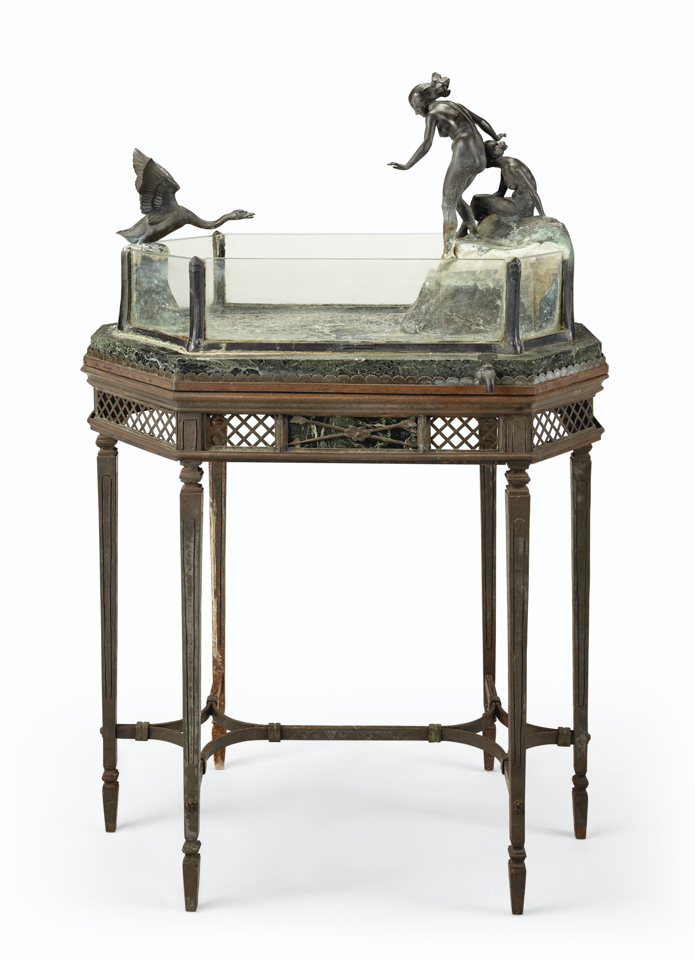 AN AUSTRIAN PATINATED BRONZE AND VERTE DE MER MARBLE AQUARIUM, ON