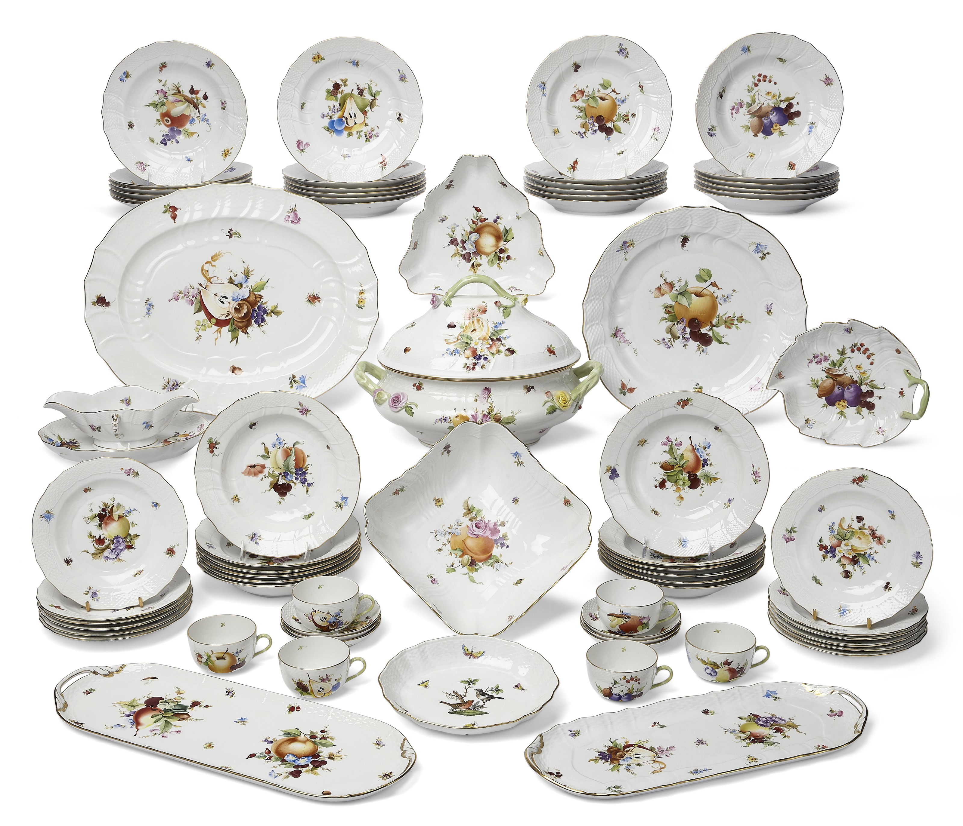 A HEREND PORCELAIN PART DINNER SERVICE, 20TH CENTURY, BLUE CROSSED