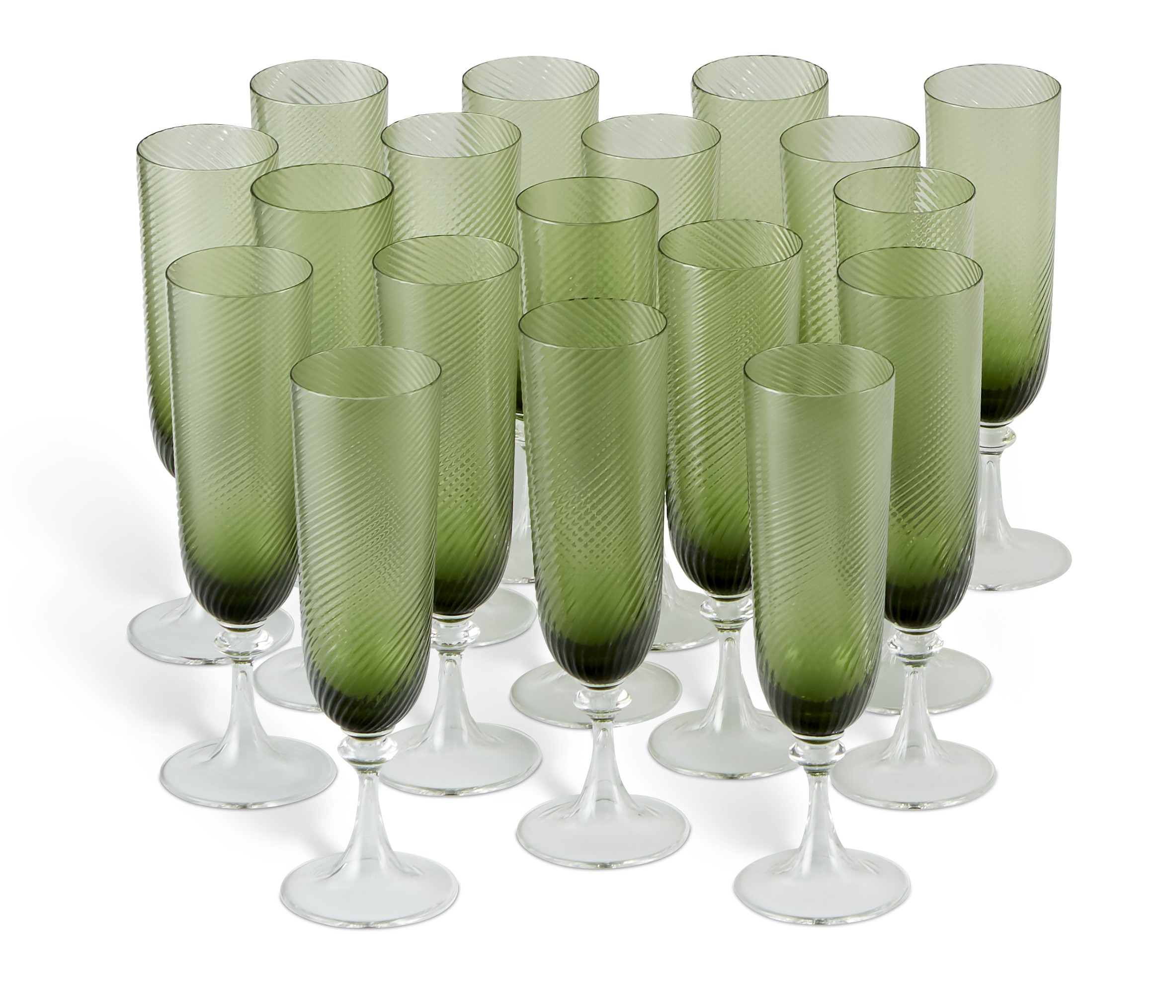 EIGHTEEN ITALIAN (NASON MORETTI) GREEN AND CLEAR GLASS CHAMPAGNE FLUTES