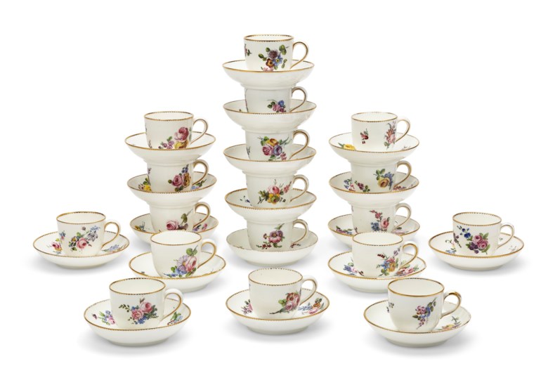 An assembled group of 18 Vincennes and Sèvres porcelain cups and saucers (gobelets ‘Boillard’ ). The porcelain mid-to-late 18th century, the decoration possibly later. Each painted with scattered bouquets, gilt dentil rims, 5½ in (13.9 cm), the saucers slightly larger. Estimate $2,500-3,500. Offered in The Private Collection of Jayne Wrightsman, 1-15 October, online