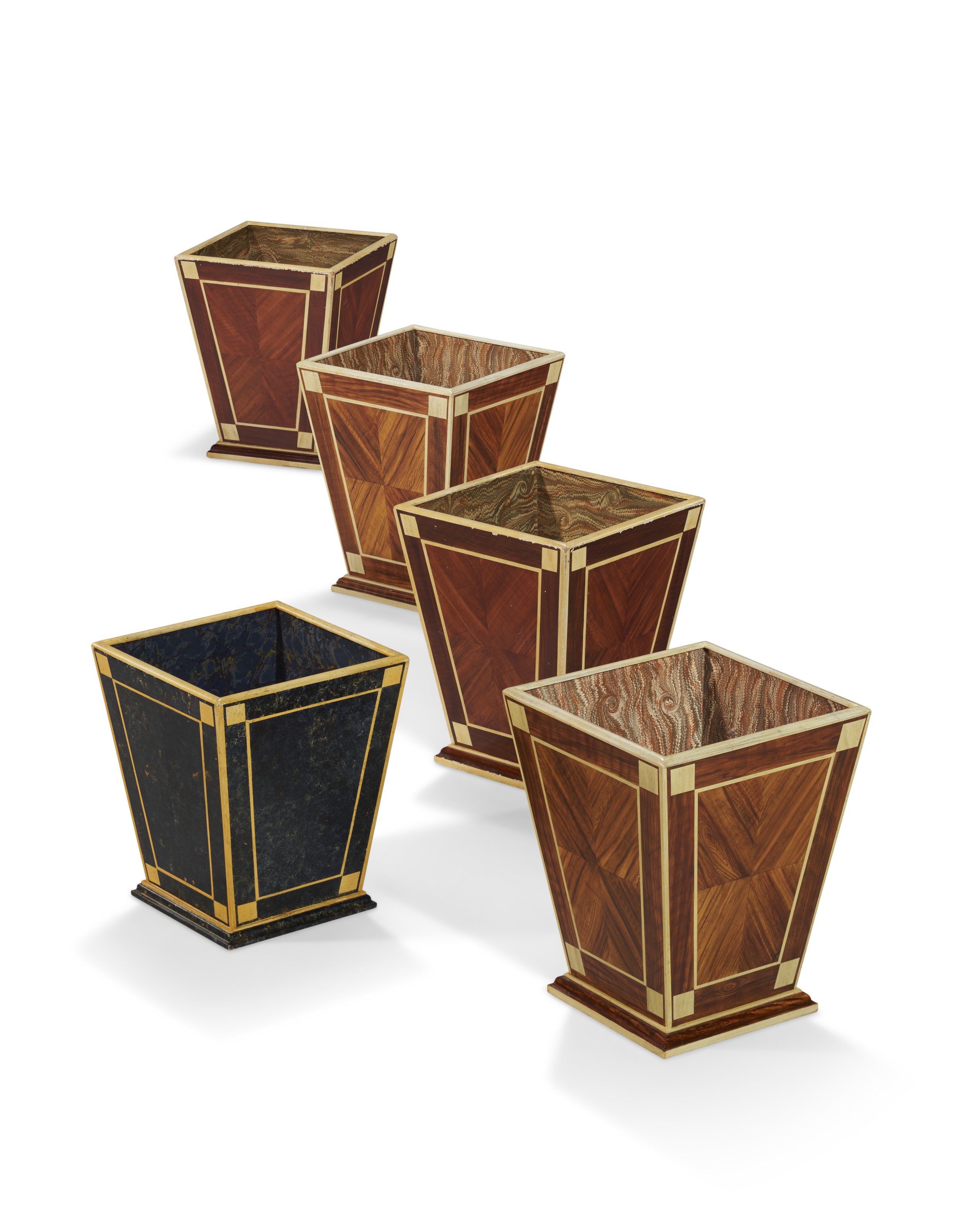 A Group Of Five Faux And Cream Painted Waste Baskets 20th Century Supplied By Henri Samuel Christie S