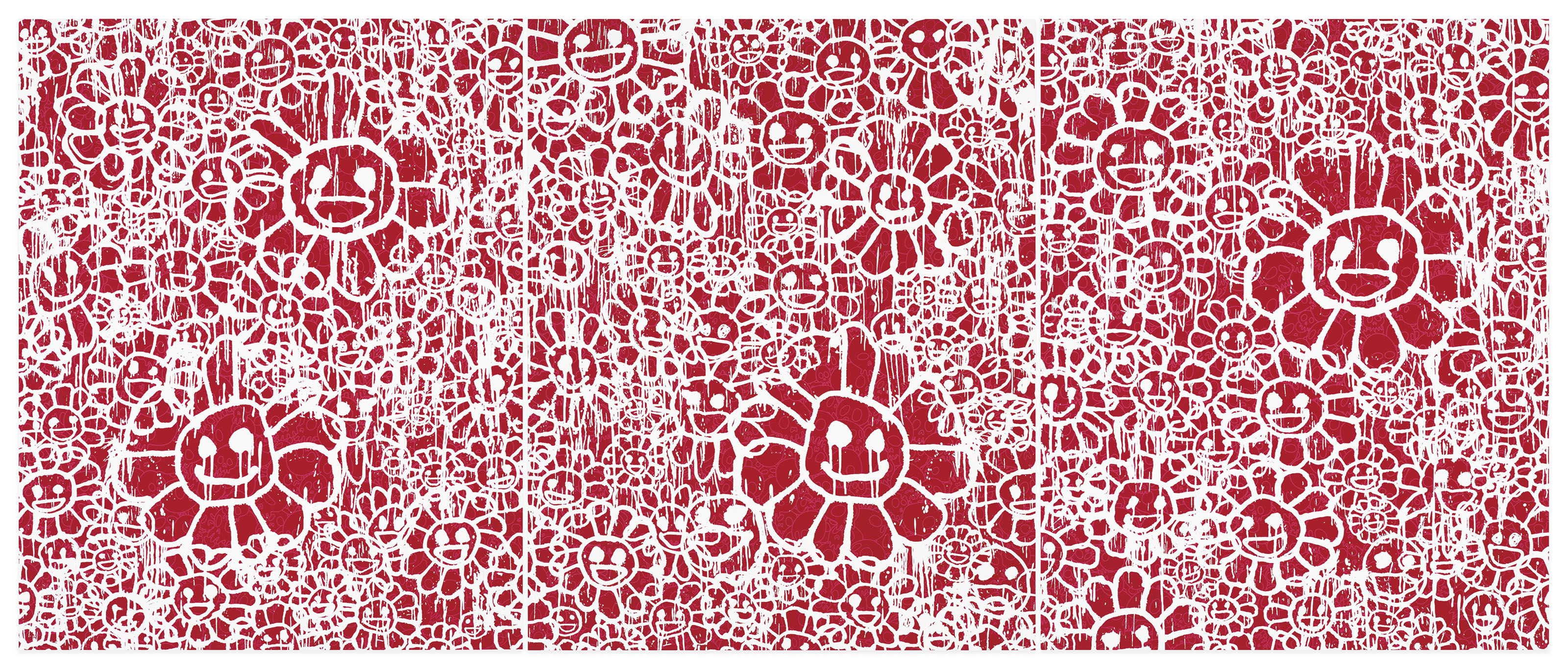 村上隆 x MADSAKI（1962年生和1974年生），《MADSAKI Flowers 紅》（全套三張），2017年作。絲網 版畫，各幅尺寸：畫心：37.5 x 30公分（14 &frac34; x 11 &frac34;吋），畫紙：47 x 38公分（18 &frac12; x 15吋）。估價：6,000-8,000美元。此拍品將於2020年4月21至30日佳士得亞洲當代藝術網上專場呈獻