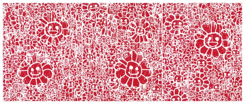 村上隆 x MADSAKI（1962年生和1974年生），《MADSAKI Flowers 红》（全套三张），2017年作。丝网 版画，各幅尺寸：画心：37.5 x 30公分（14 ¾ x 11 ¾吋），画纸：47 x 38公分（18 ½ x 15吋）。估价：6,000-8,000美元。此拍品将于2020年4月21至30日佳士得亚洲当代艺术网上专场呈献