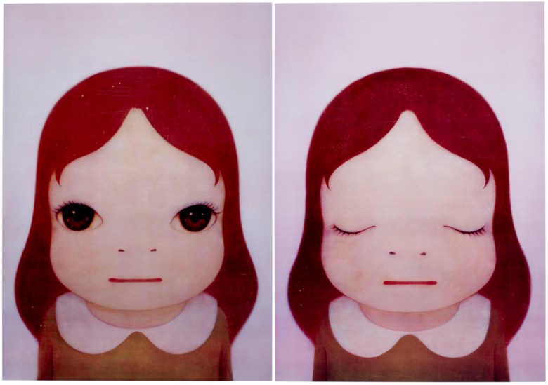 奈良美智（日本，1959年生)，《宇宙女孩：打开眼睛闭上眼睛》，2008年作。一组两件 胶印石版 版画，71.9 x 51.9公分（28 ¼ x 20 38寸）。估价：2,500–3,500美元。此拍品将于2020年4月21至30日佳士得亚洲当代艺术网上专场呈献