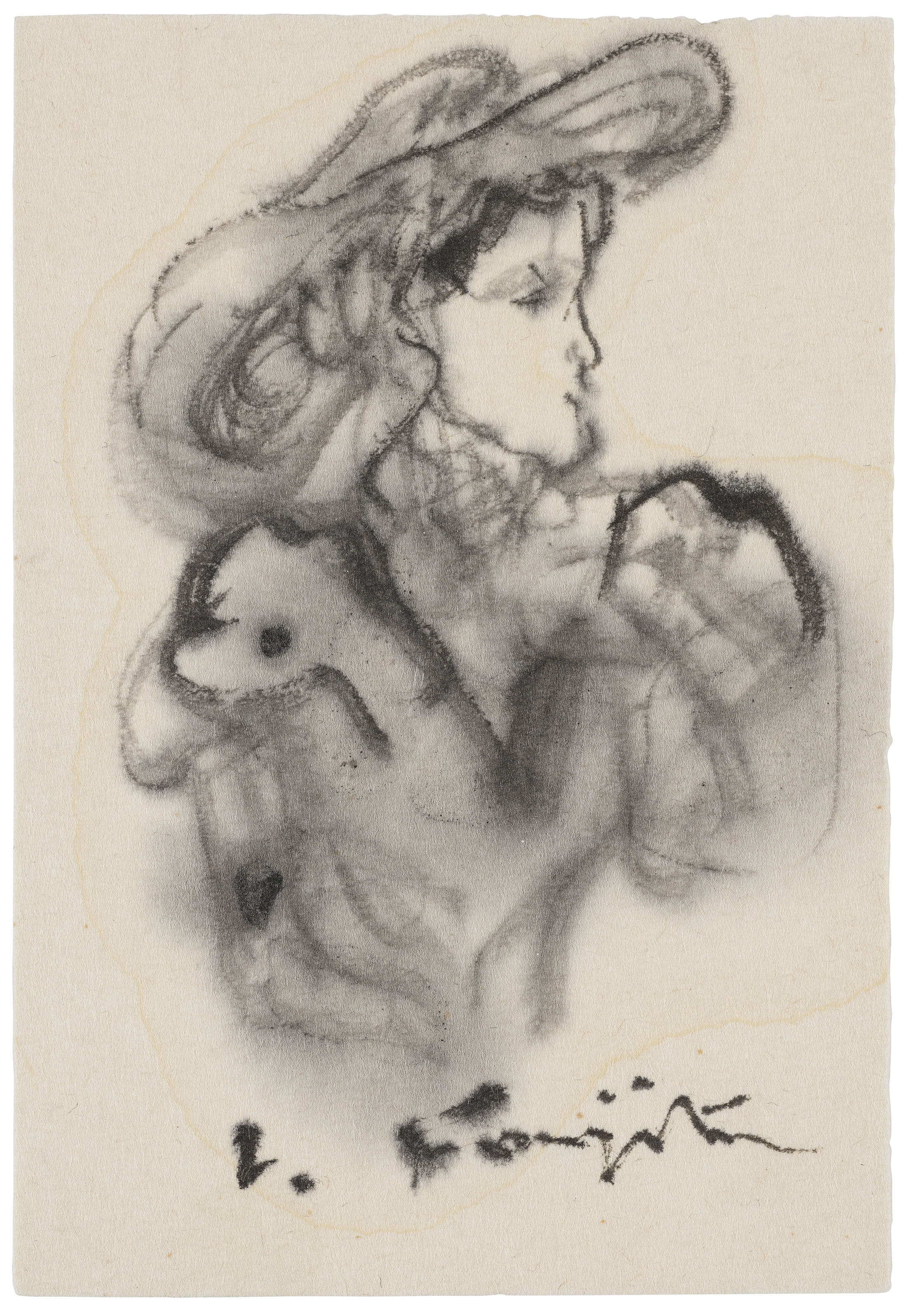 L&eacute;onard Tsuguharu Foujita, (1886-1968), Untitled (Elegante au Chapeau). Ink and ink wash on paper.&nbsp;12 x 8.3 cm (4&frac34; x 3&frac14; in). Estimate: $1,500-2,500. Offered in 
Contemporary Art Asia, Online, 19-26 March 2020