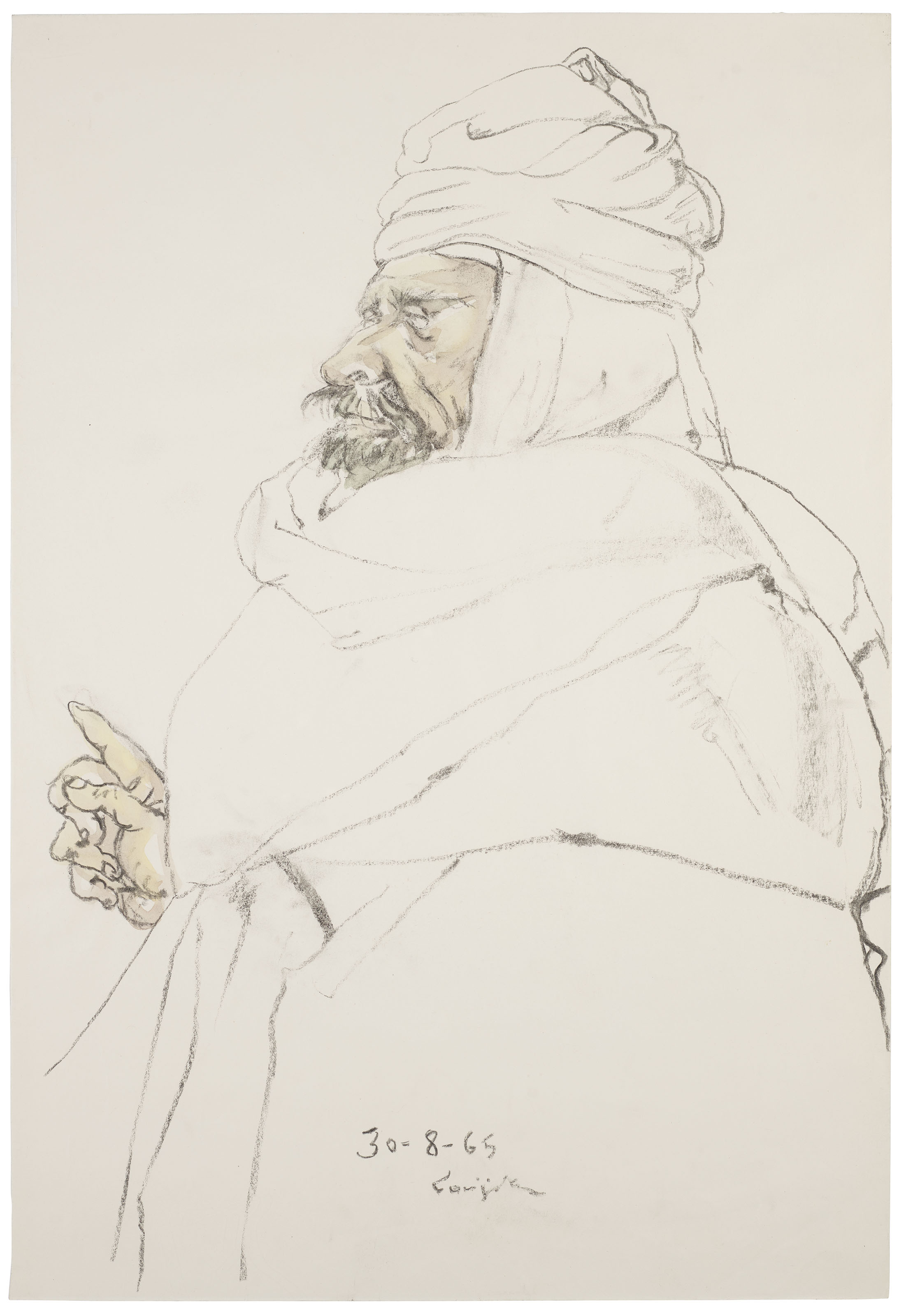 L&eacute;onard Tsuguharu Foujita (1886-1968), Untitled (Le sage), 1965. Watercolour and charcoal on paper.&nbsp;55.5 x 38.3 cm (21⅞ x 15⅛ in). Estimate: $8,000-15,000. Offered in 
Contemporary Art Asia, Online, 19-26 March 2020