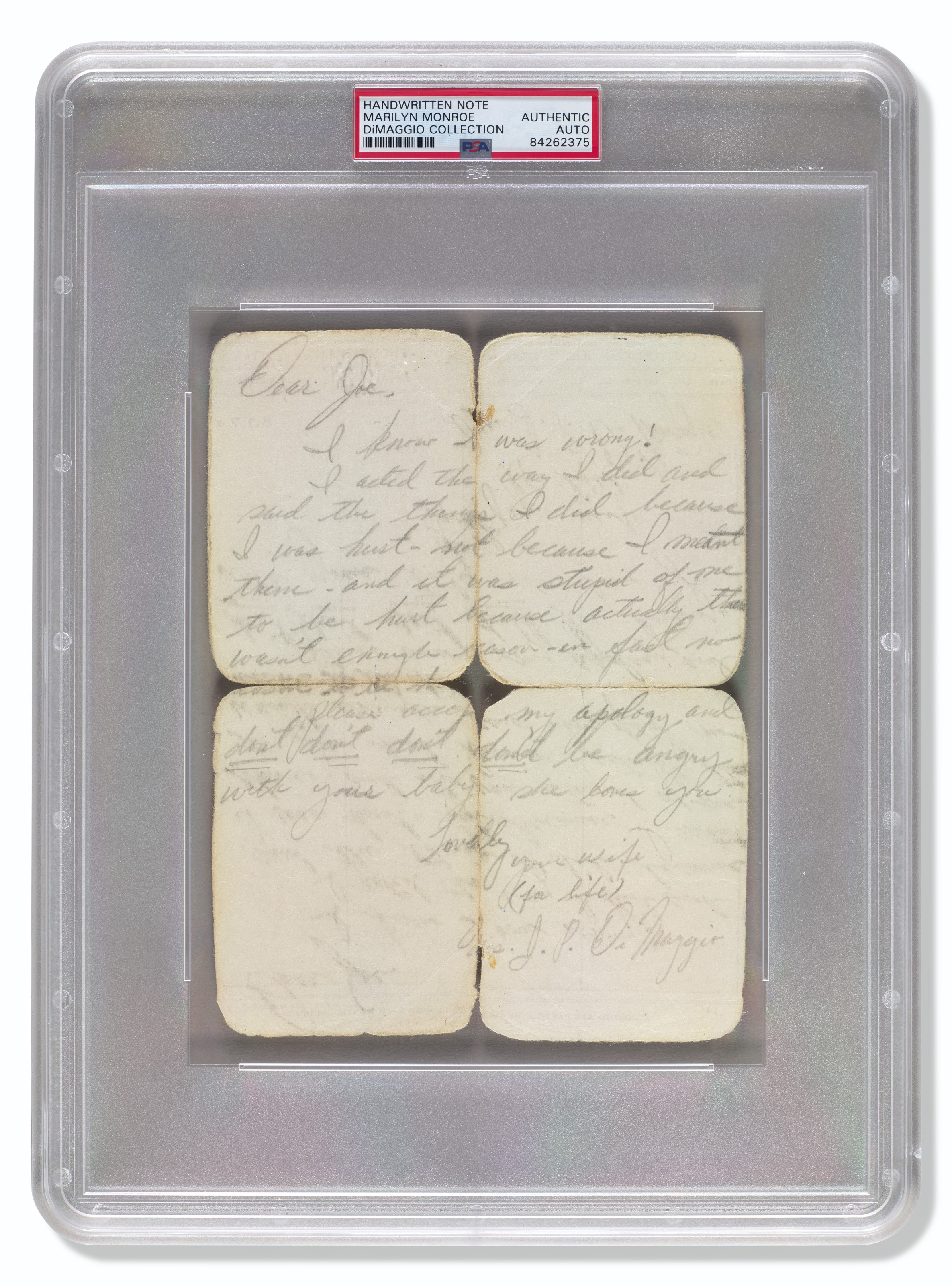 Marilyn Monroe letter to Joe DiMaggio, New York, c. 1954. Sold for $425,000 on 15 December 2020 at Christie's in New York