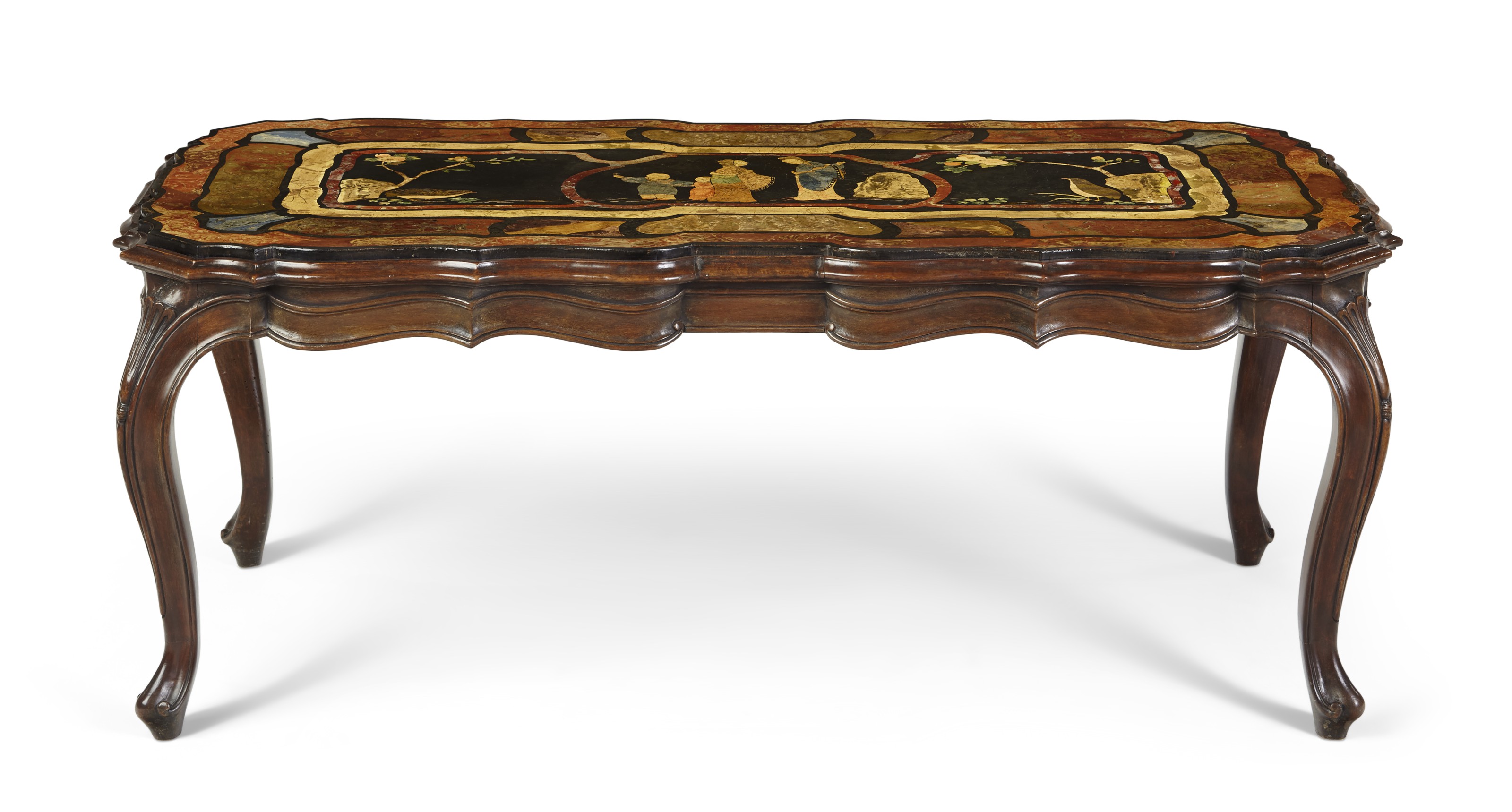 AN ITALIAN SCAGLIOLA TABLE TOP, 19TH CENTURY, ON A LATER BASE 