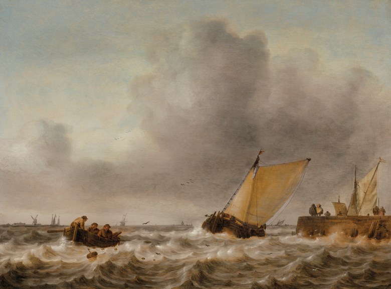 Jan Porcellis (Ghent 1584-1632 Zouterwoude), A damlooper and rowboat in a choppy sea by a jetty. Oil on panel. 18¼ x 24¾  in (46.4 x 62.9  cm). Estimate $20,000-30,000. Offered in The Martin Feldstein Collection Dutch Art in the Golden Age on 15 October 2020 at Christie’s in New York