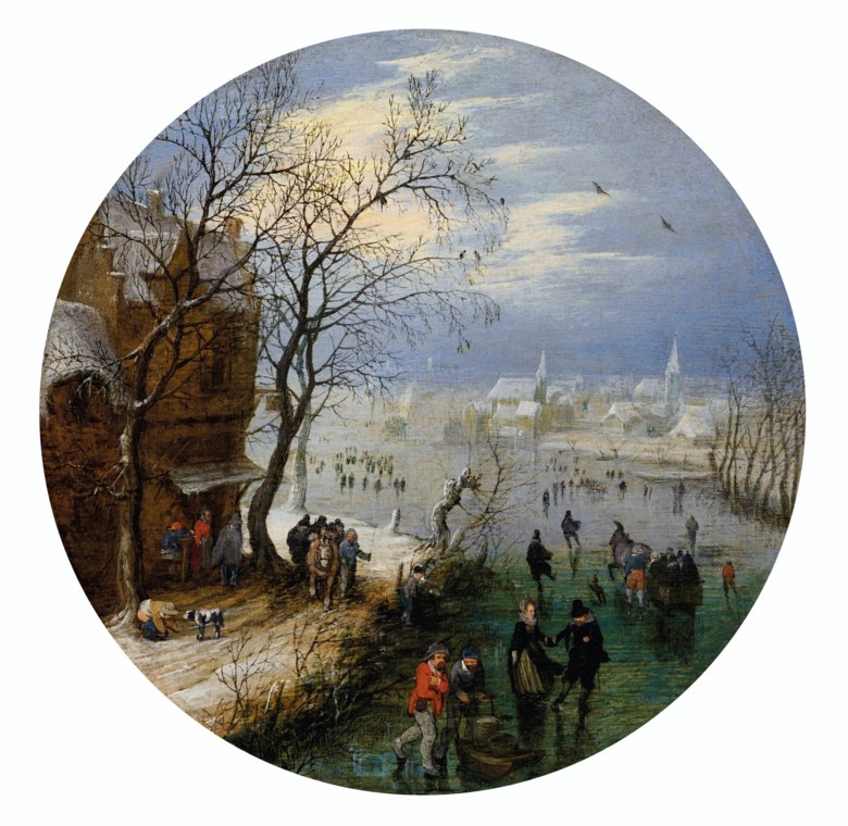 Adriaen Pietersz. van de Venne (Delft 1589-1662 The Hague), A winter landscape with skaters before a village. Oil on panel. 6⅝  in (16.8  cm)  diameter. Estimate $180,000-220,000. Offered in The Martin Feldstein Collection Dutch Art in the Golden Age on 15 October 2020 at Christie’s in New York