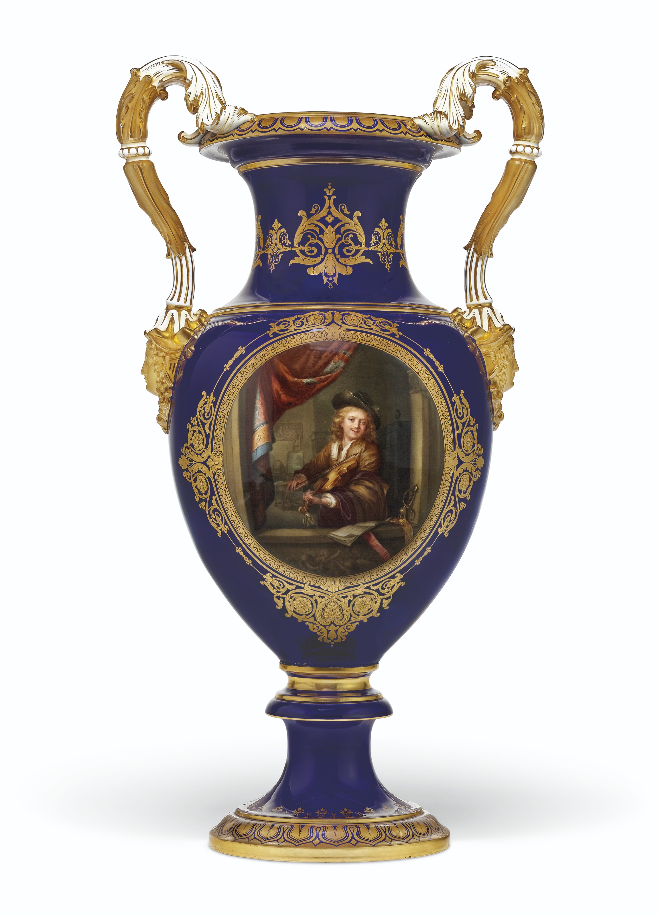 A LARGE MEISSEN PORCELAIN COBALT-BLUE GROUND VASE, LATE 19TH/20TH CENTURY, BLUE CROSSED SWORD MARK LIKELY SPURIOUS, RECORDED AS SHAPE NO. G. 125, PRESSNUMMERN 125 & 133