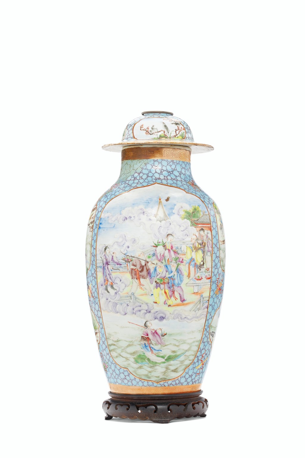 A Large Turquoise Cracked Ice Ground Famille Rose Vase And Cover
