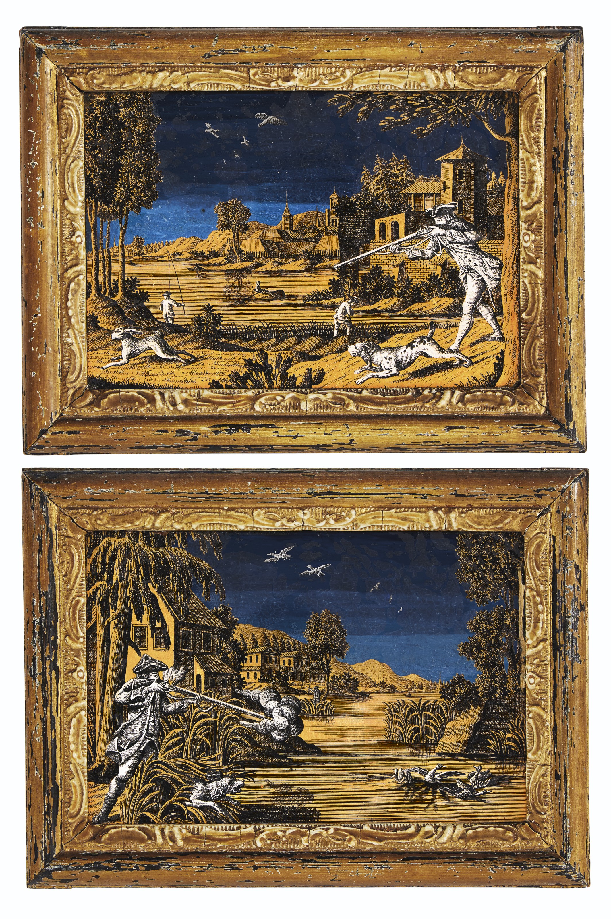 A PAIR OF DUTCH VERRE EGLOMISE HUNTING SCENES, BY JONAS