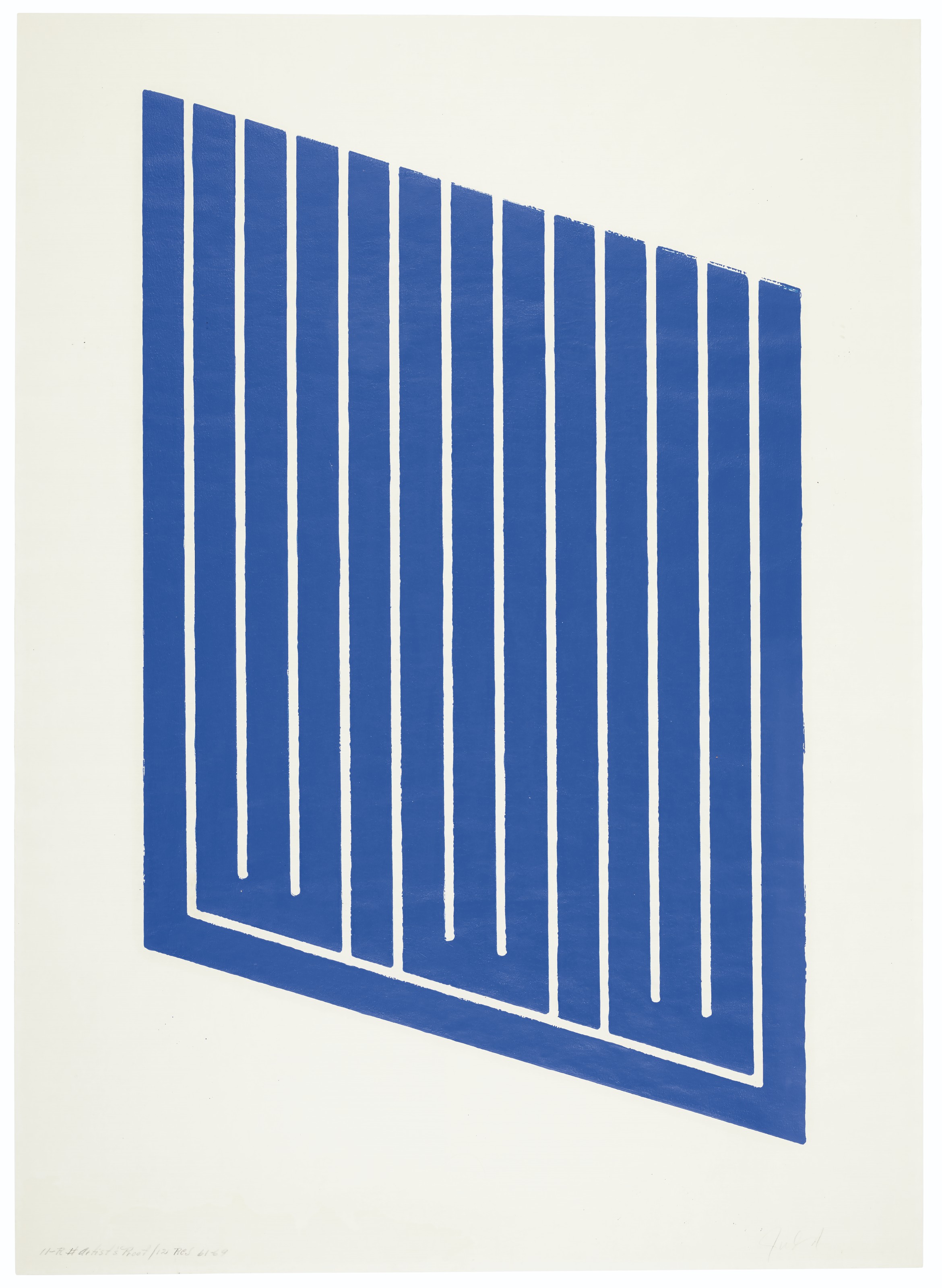 Donald Judd (1928-1994), Untitled: One Print,&nbsp;1961-63. Woodcut in cerulean blue on cartridge paper. Sheet: 30&frac14; x 21&frac34; in (768 x 553 mm). Sold for $15,000 in&nbsp;Working from Home: Prints and Multiples, 30 April-14 May 2020, Online. Artwork: © Judd Foundation/ARS, NY and DACS, London 2020