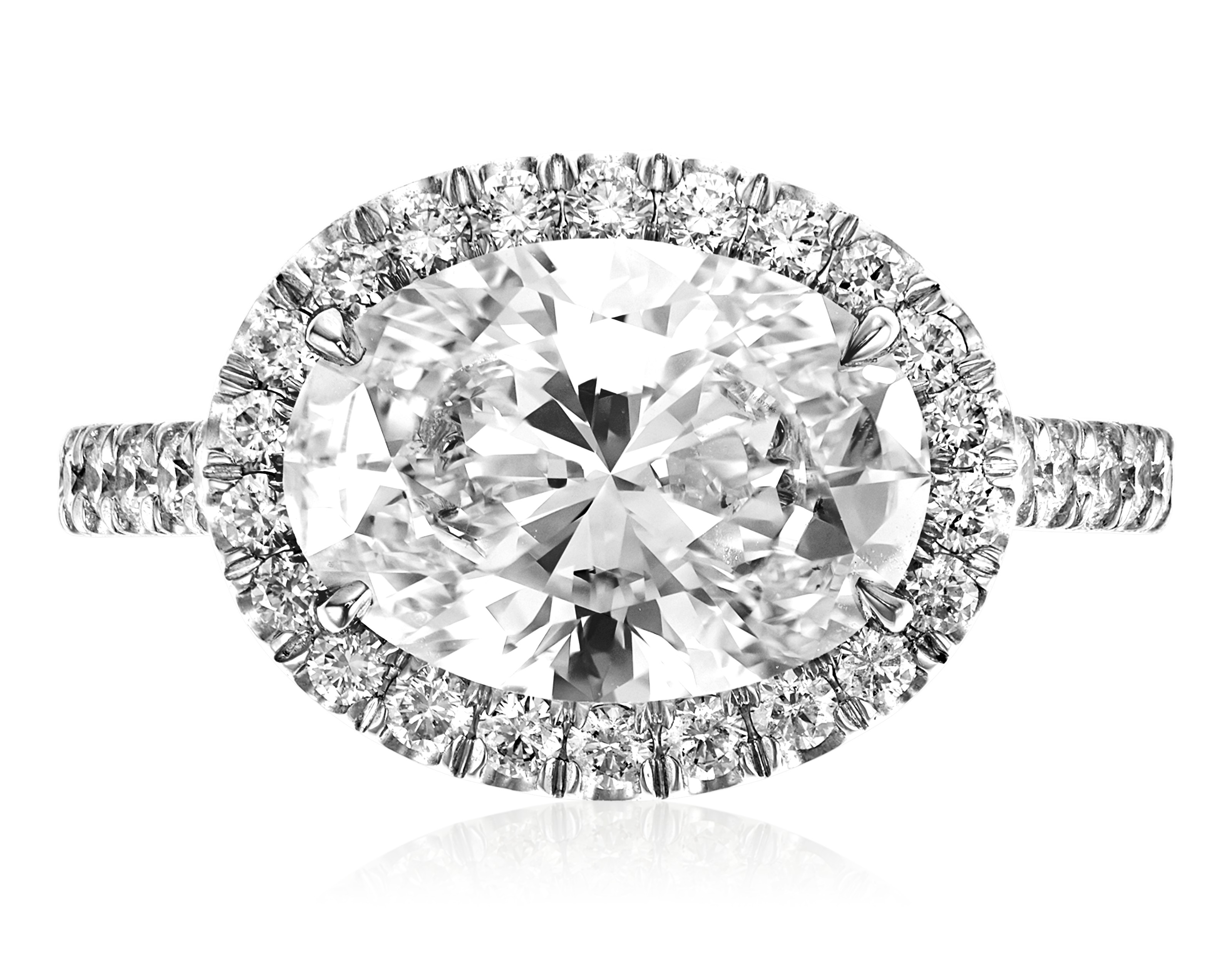 Oval diamond ring of 3.01 carats with GIA report. 1 oval brilliant-cut diamond measuring 11.31 x 8.11 x 5.10 mm and stated to weigh 3.01 carats; 42 round diamonds weighing a total of approximately 0.55-0.65 carats. Estimate: $18,000-22,000. Offered in 
Jewels Online: Summer Sparkle, 12-27 August 2020, online