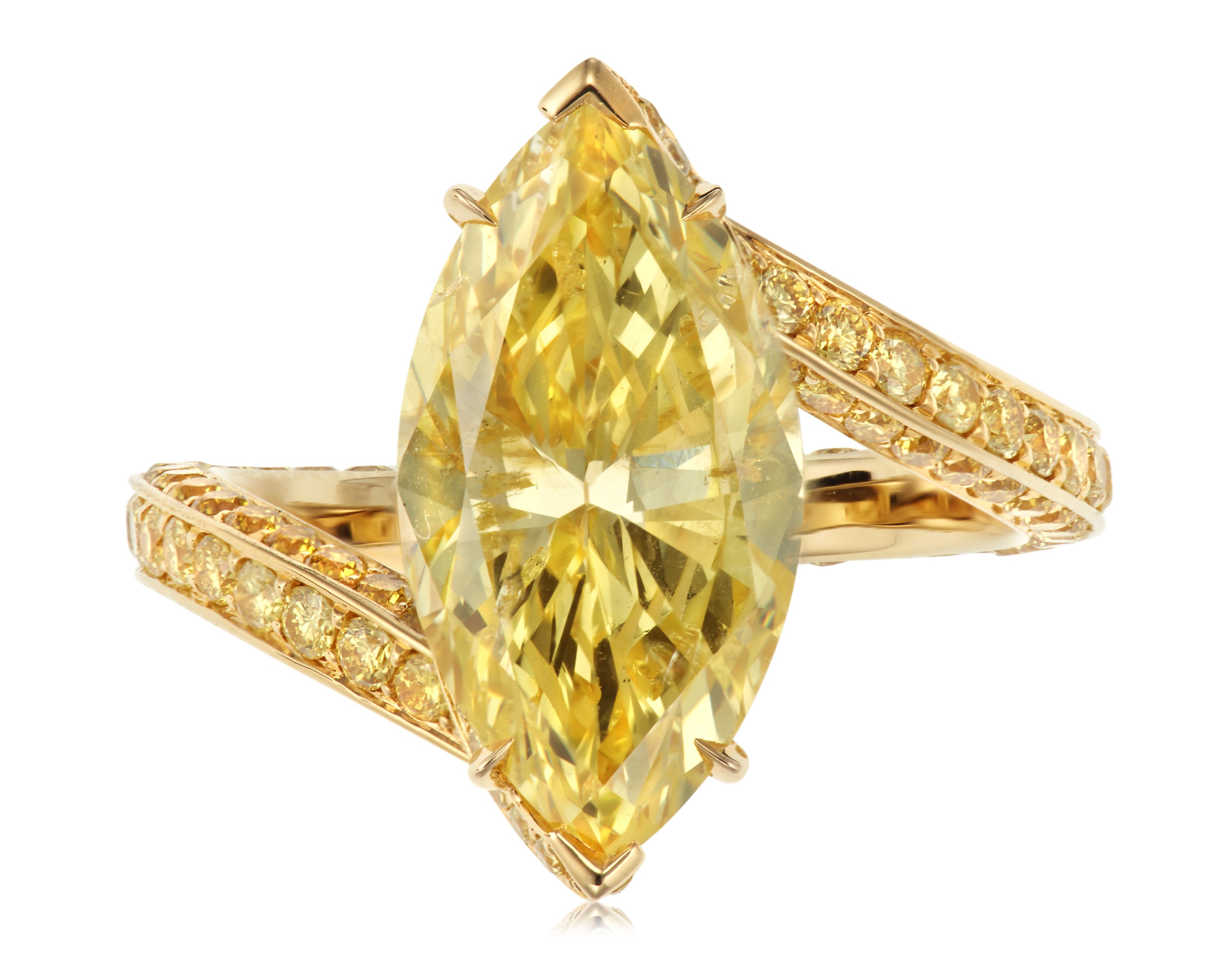 Platinum 13.43ct Fancy Vivid Yellow Cushion Cut Engagement Ring