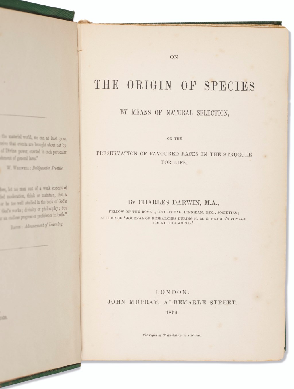 First Edition Origin of Species, Charles Darwin, 1859