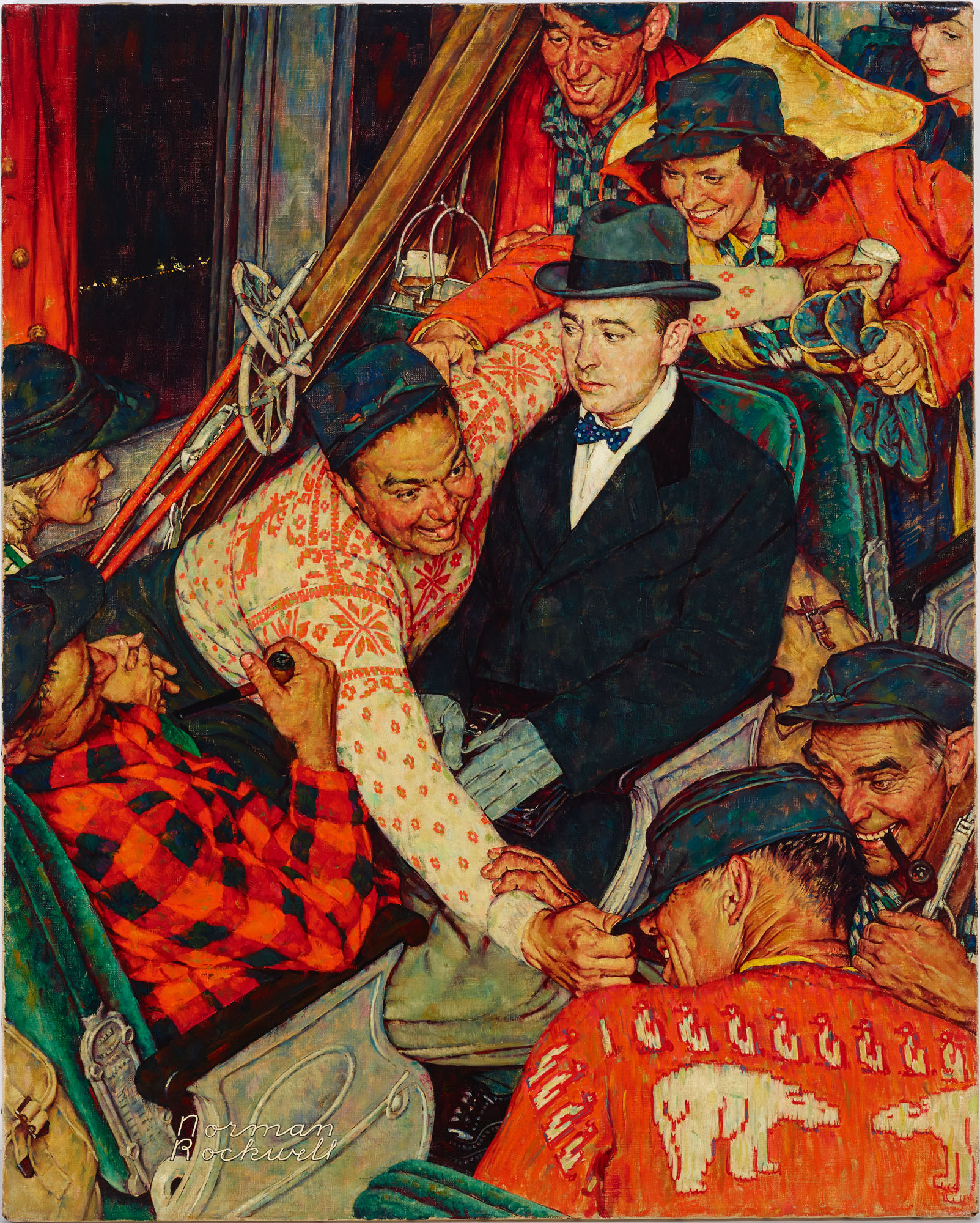Norman Rockwell 1894 1978 Happy Skiers On A Train 1940s