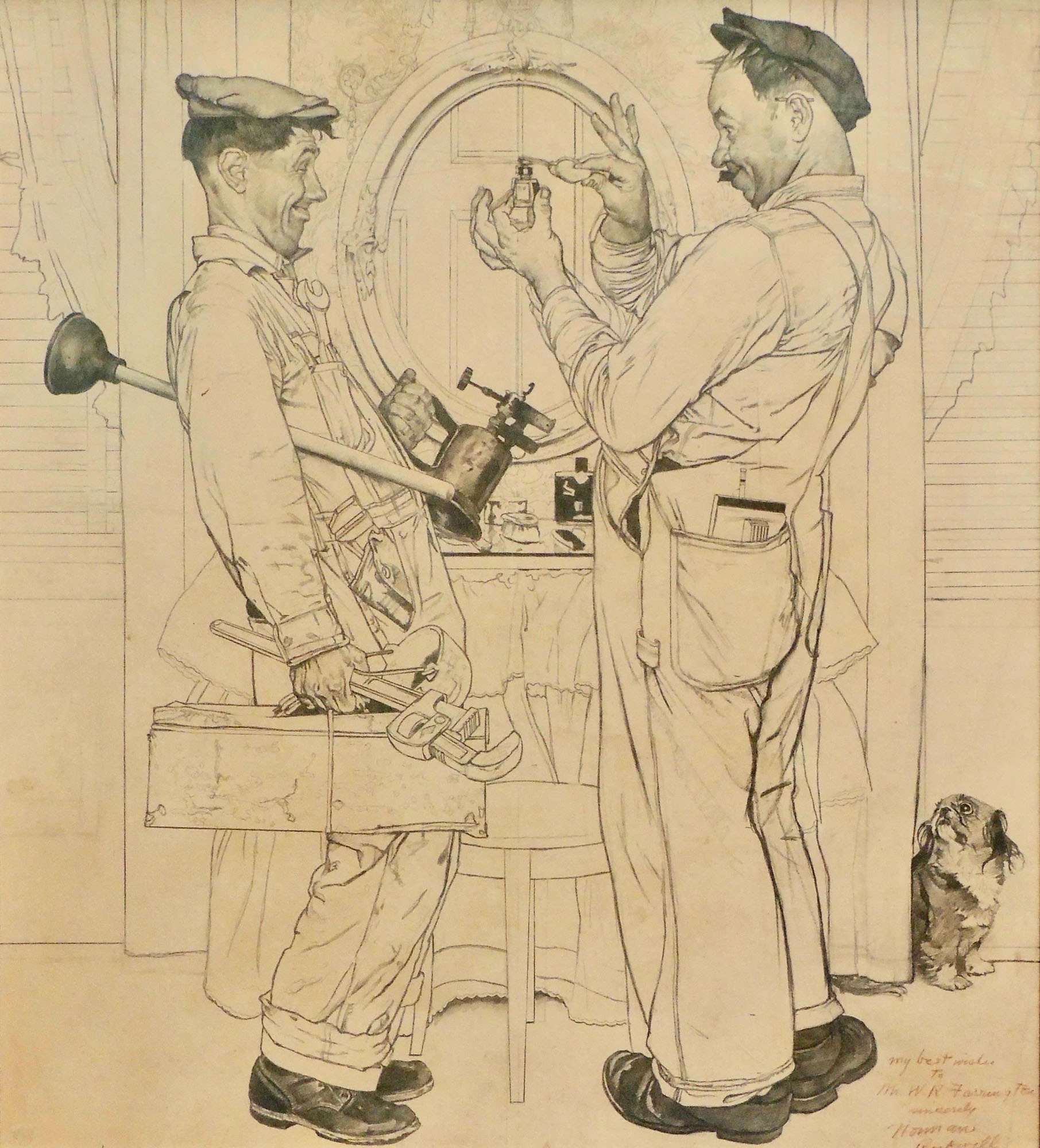 Norman Rockwell (1894-1978), Study for 'Two Plumbers', 1951. Charcoal and pencil on paper. 42 x 36 in. Available for immediate purchase. Offered in Art of the Cover in Private Sales at Christie&rsquo;s