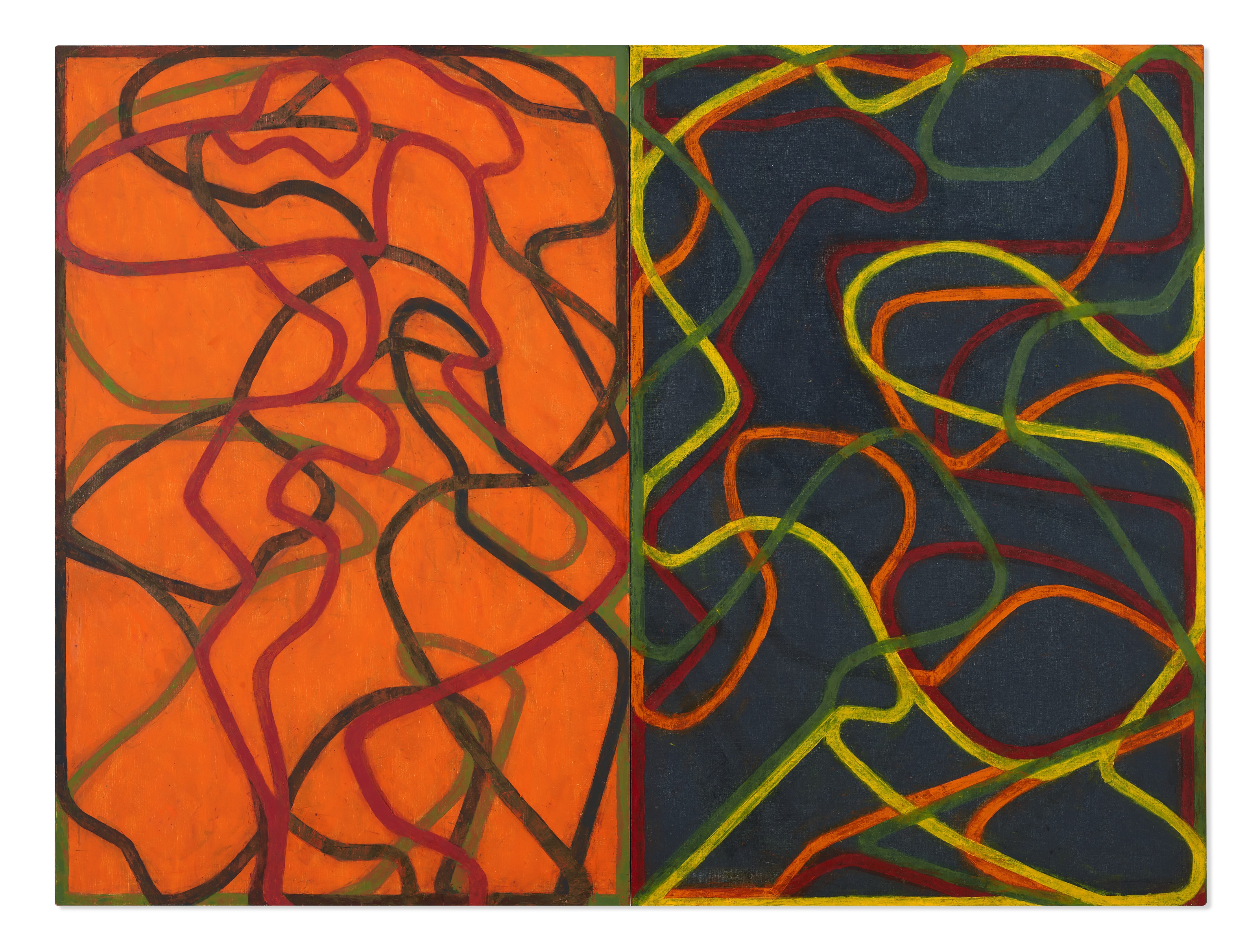 Brice Marden (b. 1938), Complements, &nbsp;2004-2007. Oil on canvas, in two parts. Each canvas: 72 x 48  in (182.9 x 121.9  cm). Sold for $30,920,000 in ONE: A Global Sale of the 20th Century on 10 July 2020 at Christie&rsquo;s in New York. &copy; 2020 Brice Marden / Artists Rights Society (ARS), New York