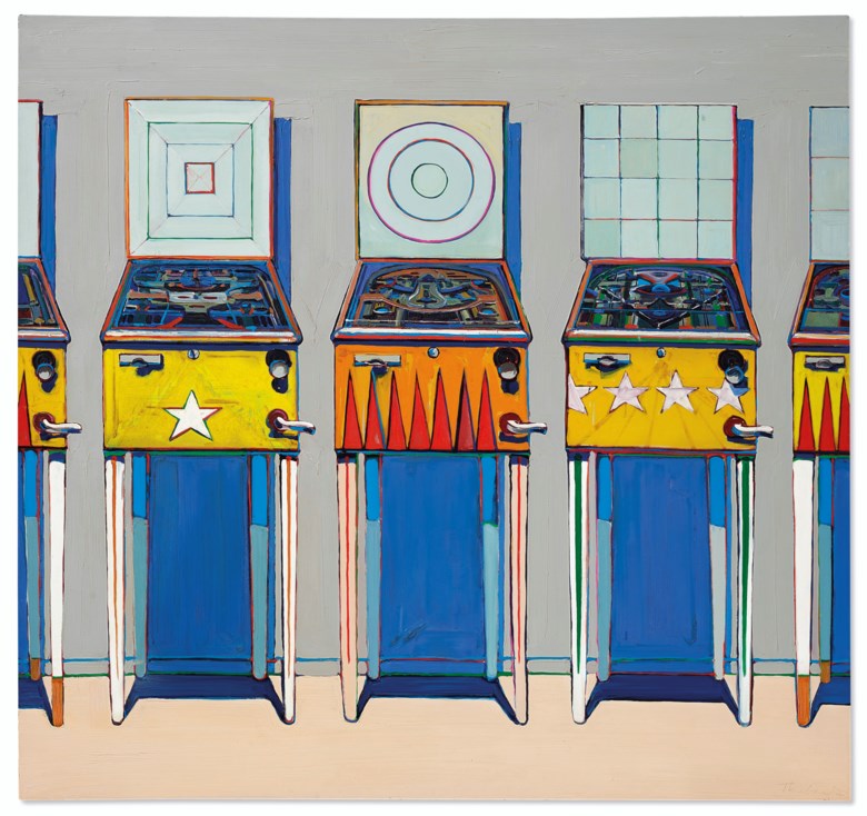 Wayne Thiebaud (b. 1920), Four Pinball Machines, 1962. Oil on canvas. 68 x 72  in (172.7 x 182.8  cm). Sold for $20,137,500 in ONE A Global Sale of the 20th Century on 10 July 2020 at Christie’s in New York. © 2020 Wayne Thiebaud  Licensed by VAGA at Artists Rights Society (ARS), NY