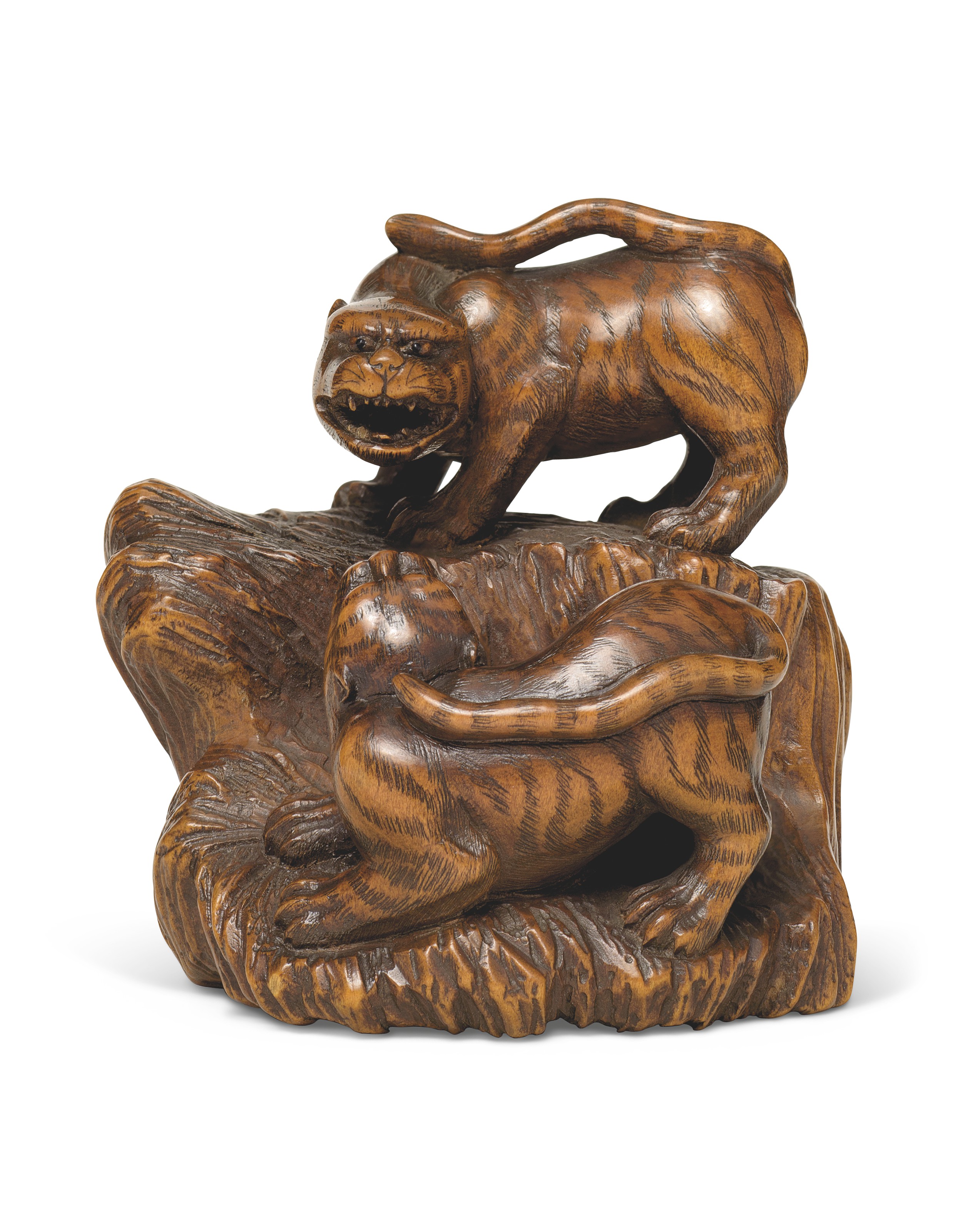A WOOD NETSUKE OF TWO TIGERS, SIGNED MASANAO (ISE YAMADA), EDO