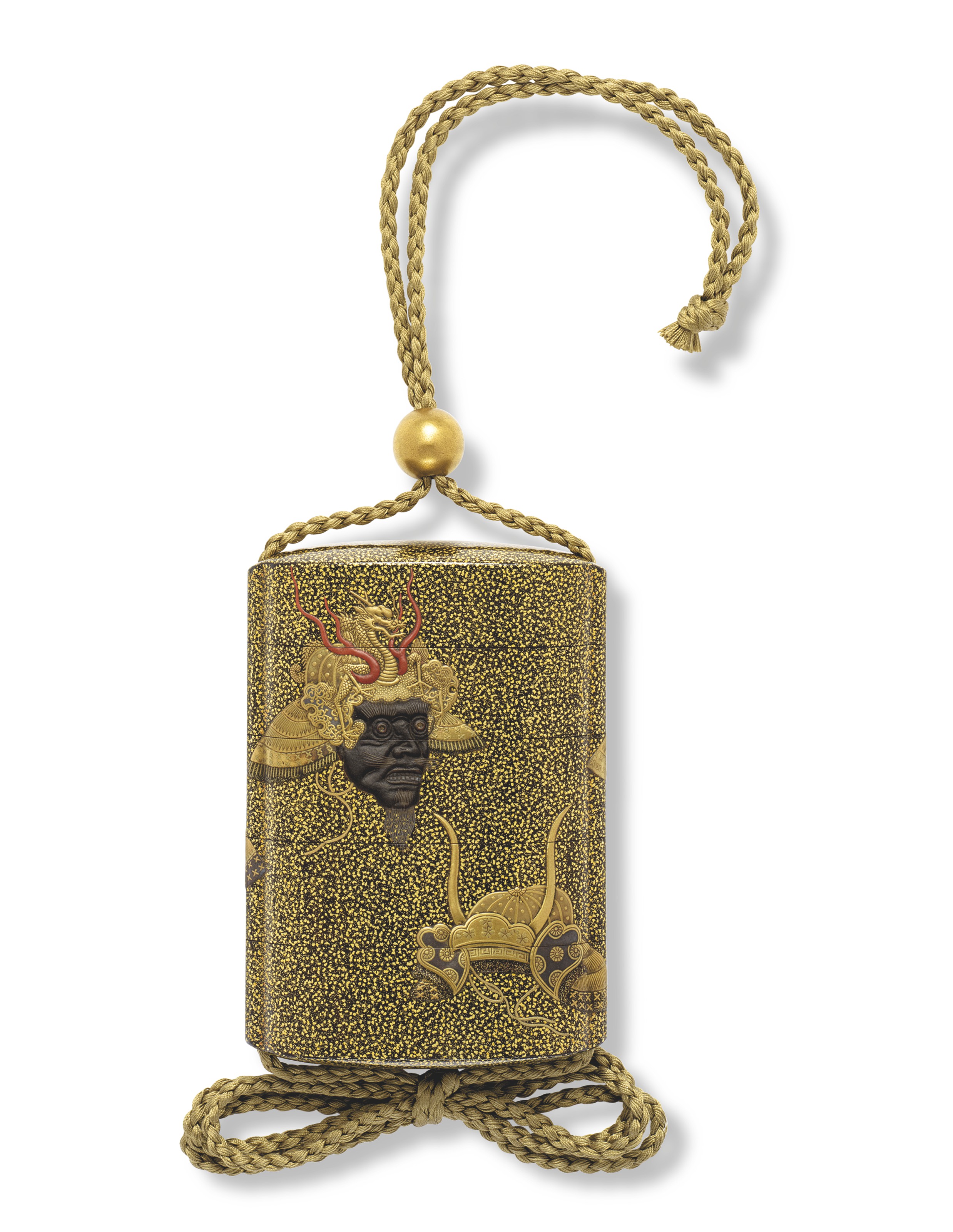 A FOUR-CASE LACQUER INRO WITH SAMURAI HELMETS, SIGNED KANSHOSAI