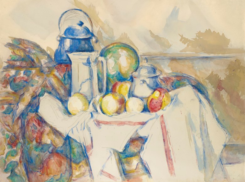 Paul Cézanne (1839-1906), Nature morte avec pot au lait, melon et sucrier, 1900-1906. Watercolor and gouache over pencil on paper. 18¾ x 24½ in (47.7 x 62.3 cm). Estimate on request. Offered in 20th Century Evening Sale on 6 October 2020 at Christie’s in New York