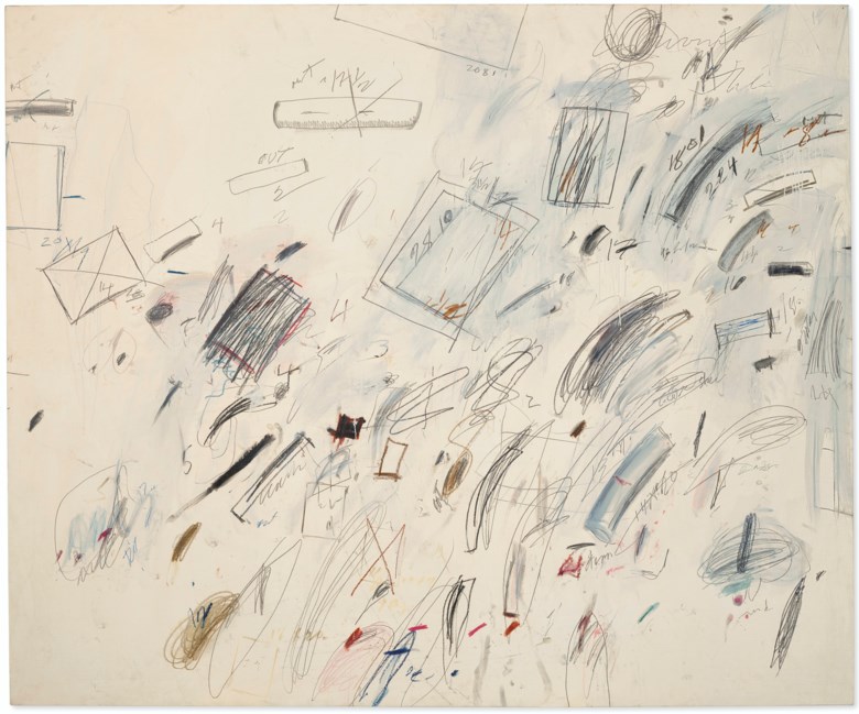 Cy Twombly (1928-2011), Untitled [Bolsena], 1969. Oil-based house paint, wax crayon, graphite and felt-tip pen on canvas. 78½ x 94½  in (199.4 x 240  cm). Sold for $38,685,000 on 6 October 2020 at Christie’s in New York. Artwork © Cy Twombly Foundation