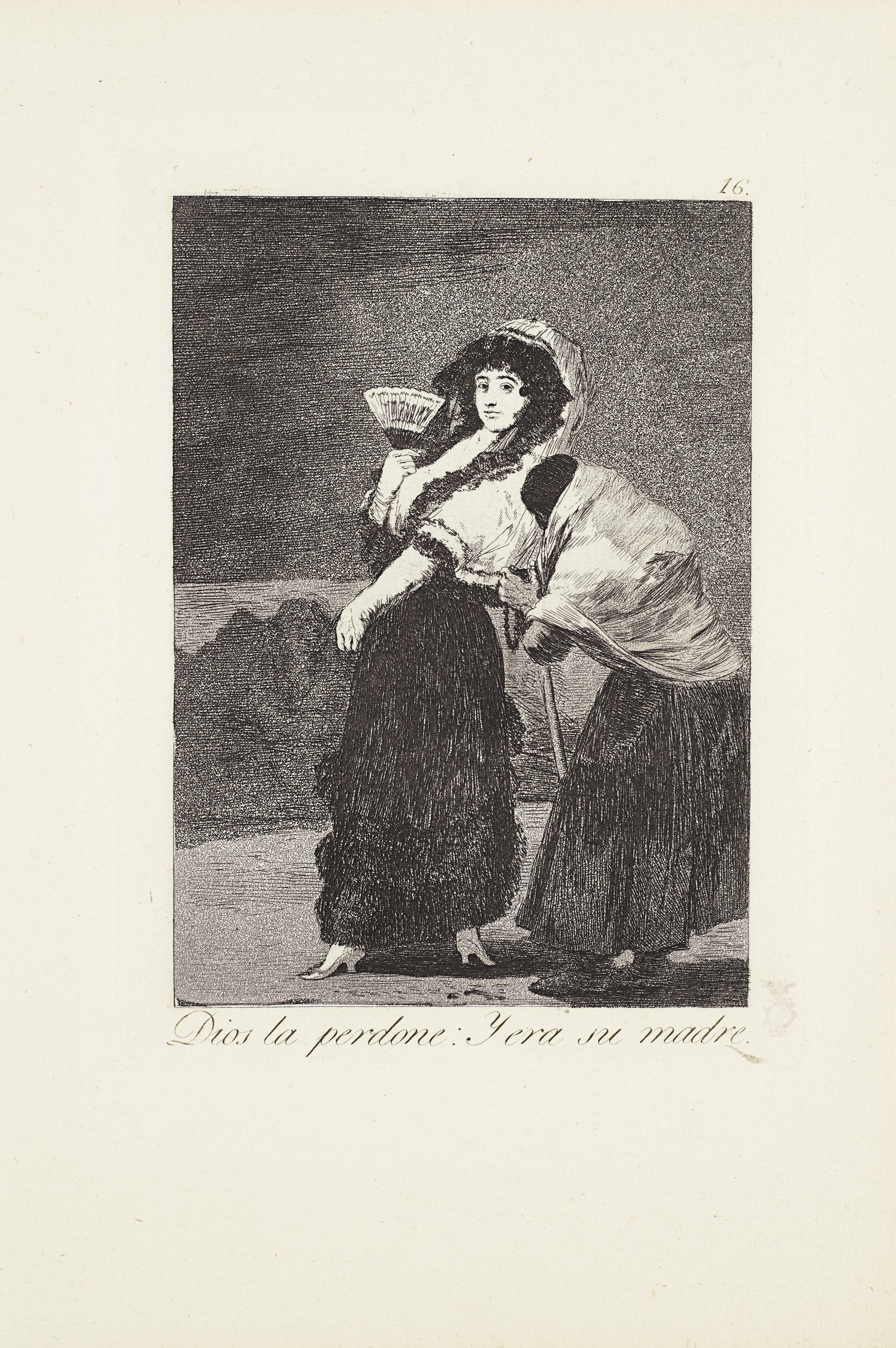 Francisco de Goya y Lucientes (1746-1828), For Heaven's sake: and it was her mother (Dios la perdone: y era su madre), 1799. Etching with burnished aquatint, drypoint and engraving on laid paper. Plate 16 from&nbsp;Los Caprichos. Sheet: 11&frac34; x 8 in (298 x 203 mm). Estimate: $4,000-6,000. Offered in The Sleep of Reason: Francisco Goya&rsquo;s Los Caprichos, 8-23 October 2020, Online